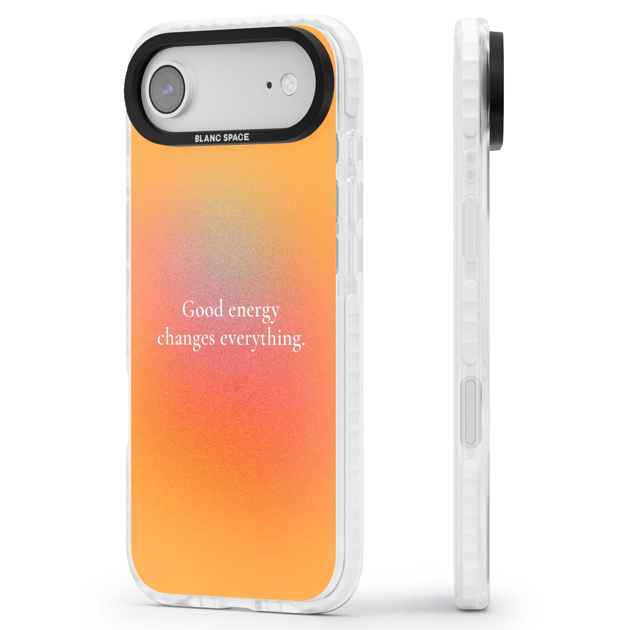 Good Energy quote iPhone case featuring an orange and pink aura gradient with white serif affirmation text | Black Impact case for iPhone Air