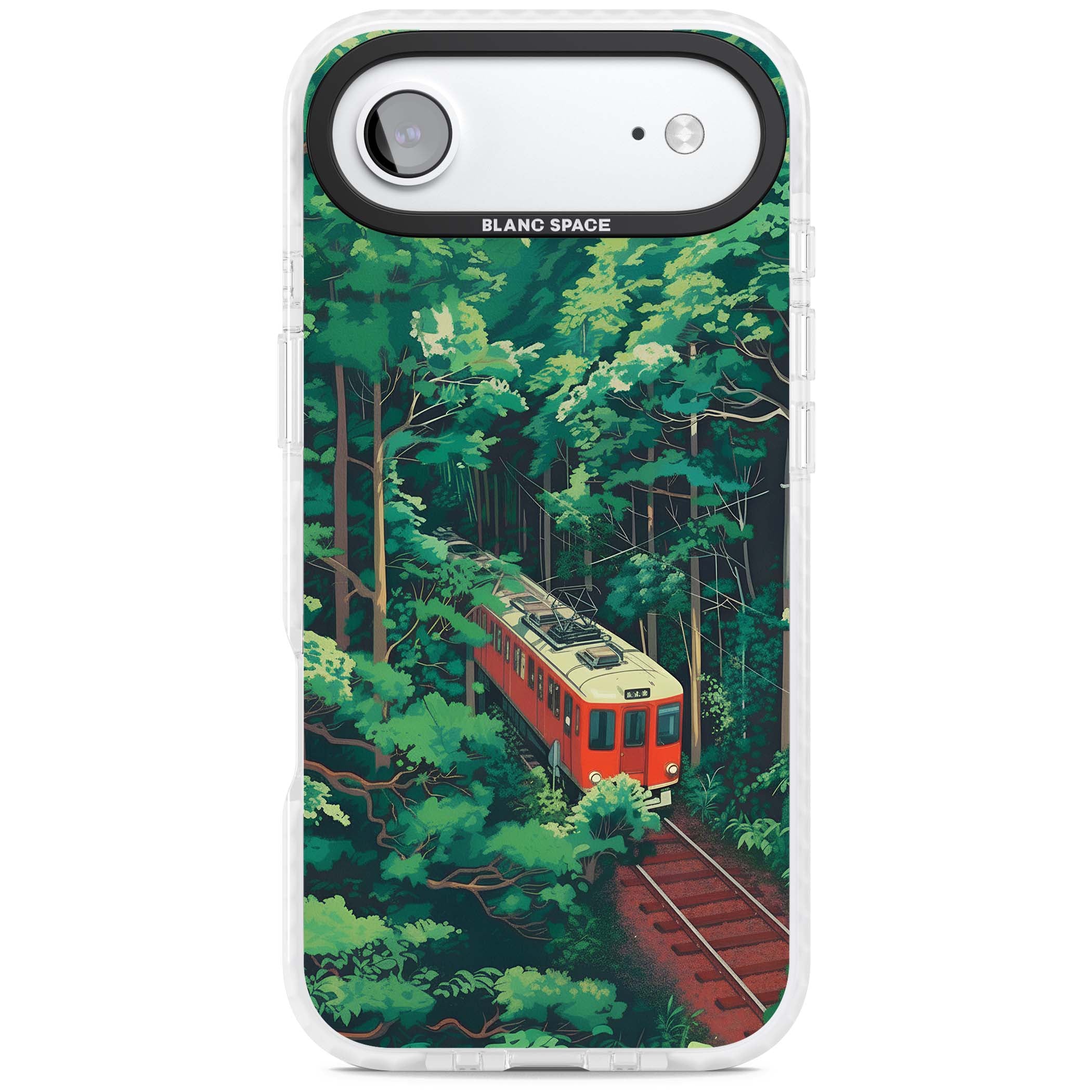 Railway In Toyama Japanese iPhone case featuring a red train, cedar forest and winding mountain railway tracks | Black Impact case for iPhone Air