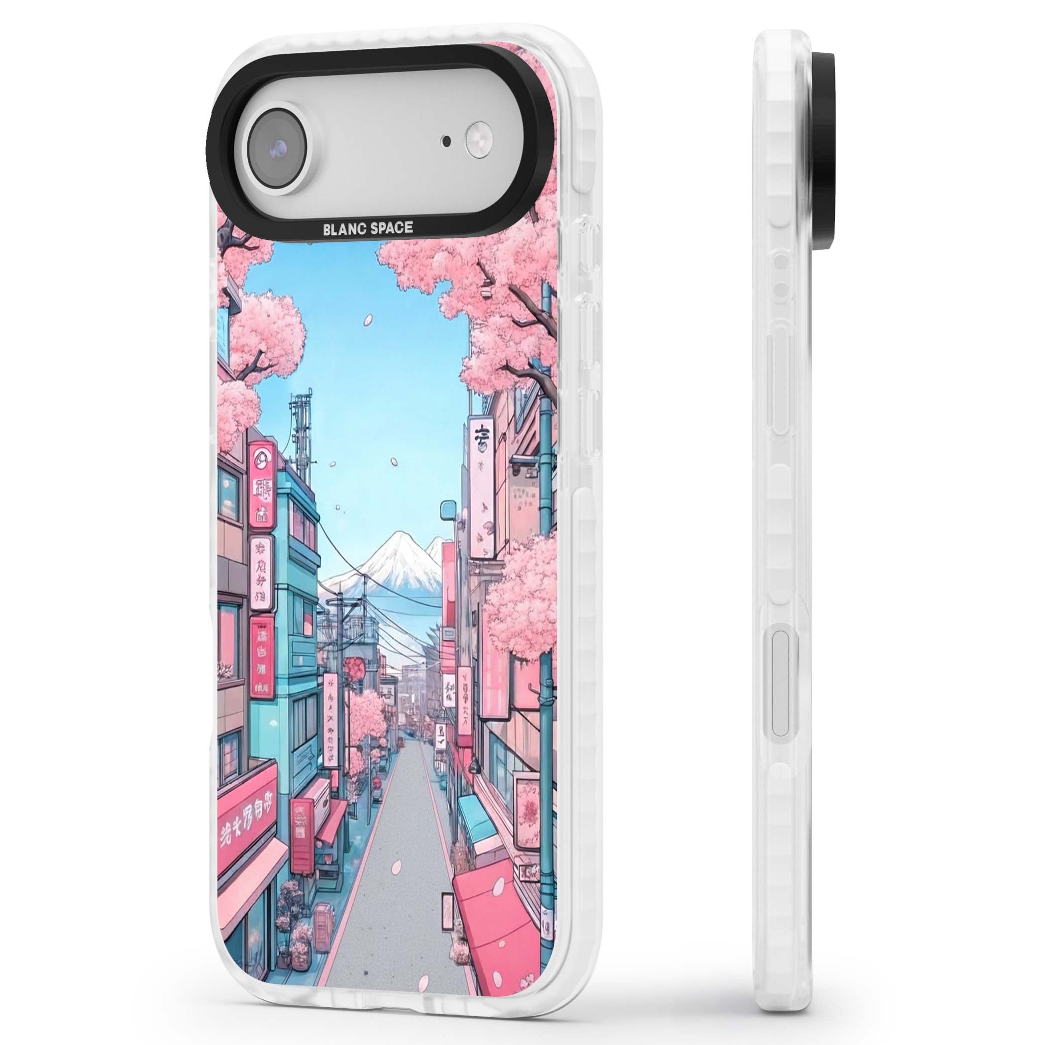 Sakura Lane anime iPhone case featuring Tokyo street scene with cherry blossoms and Mount Fuji | Black Impact case for iPhone Air