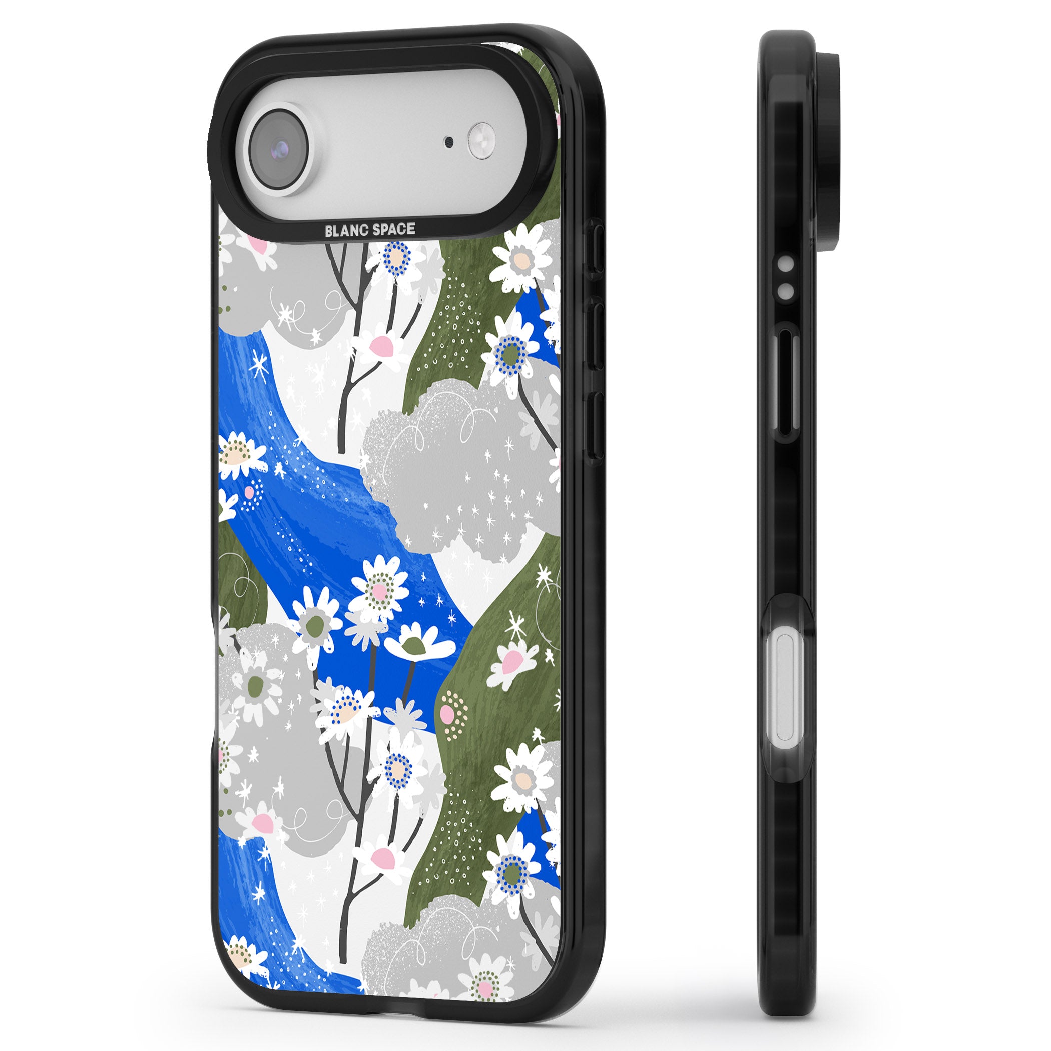 Blue & Grey Daisies Pattern iPhone 17 Air Impact Black Phone Case Side Profile