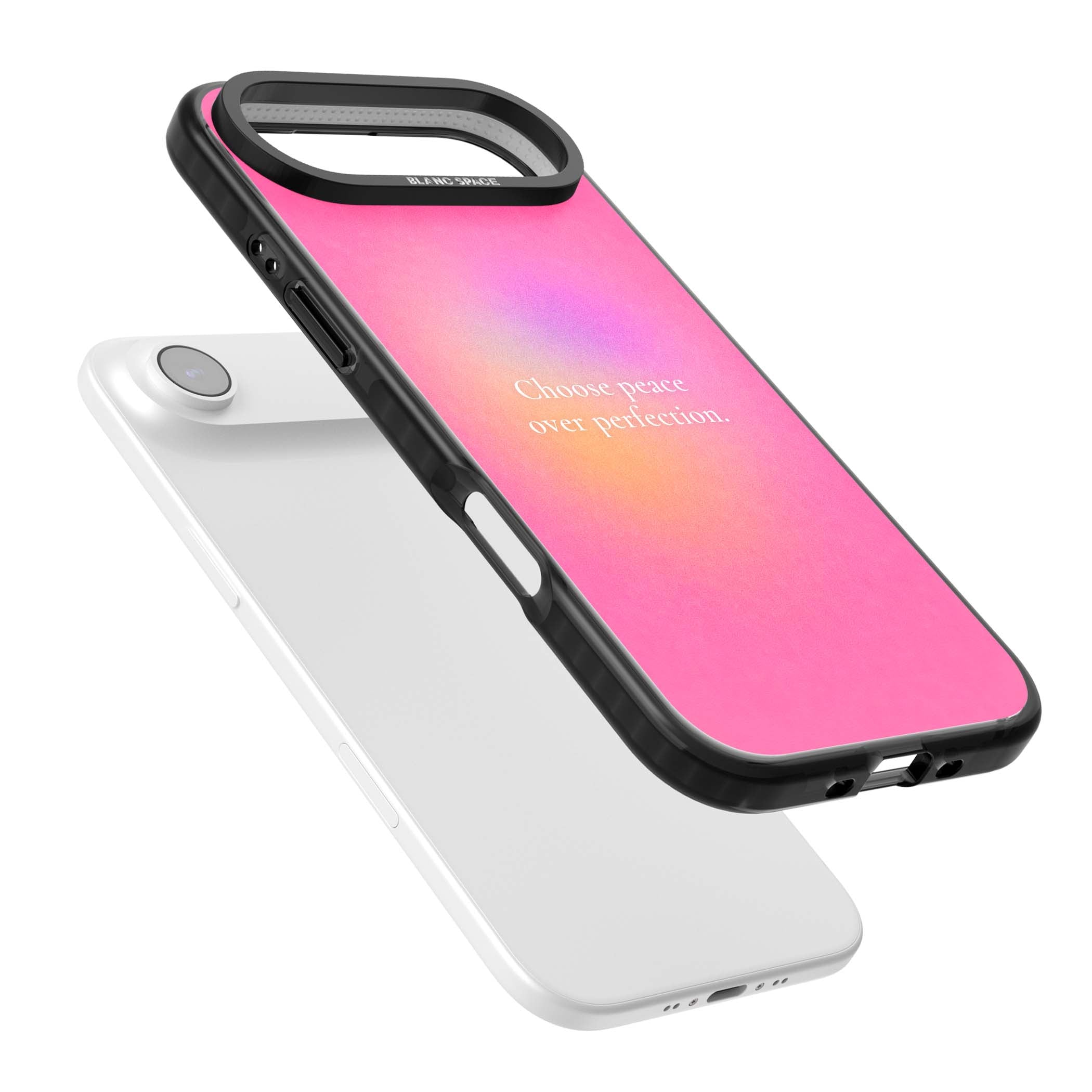 Peace Over Perfection quote iPhone case featuring a dreamy pink aura gradient and delicate white affirmation text | Clear Impact case for iPhone Air