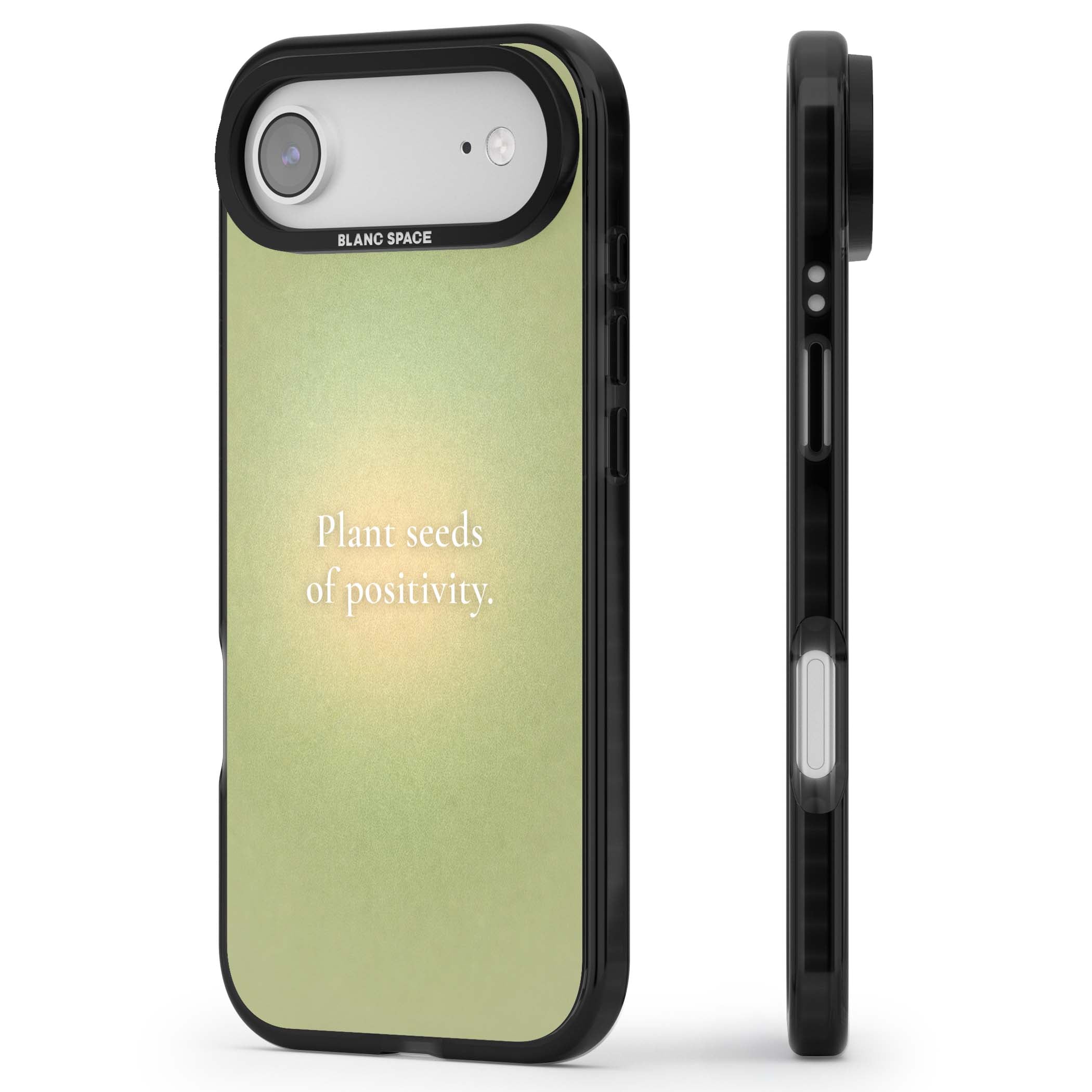 Seeds of Positivity quote iPhone case featuring a sage green aura gradient and golden glow affirmation | Clear Impact case for iPhone Air