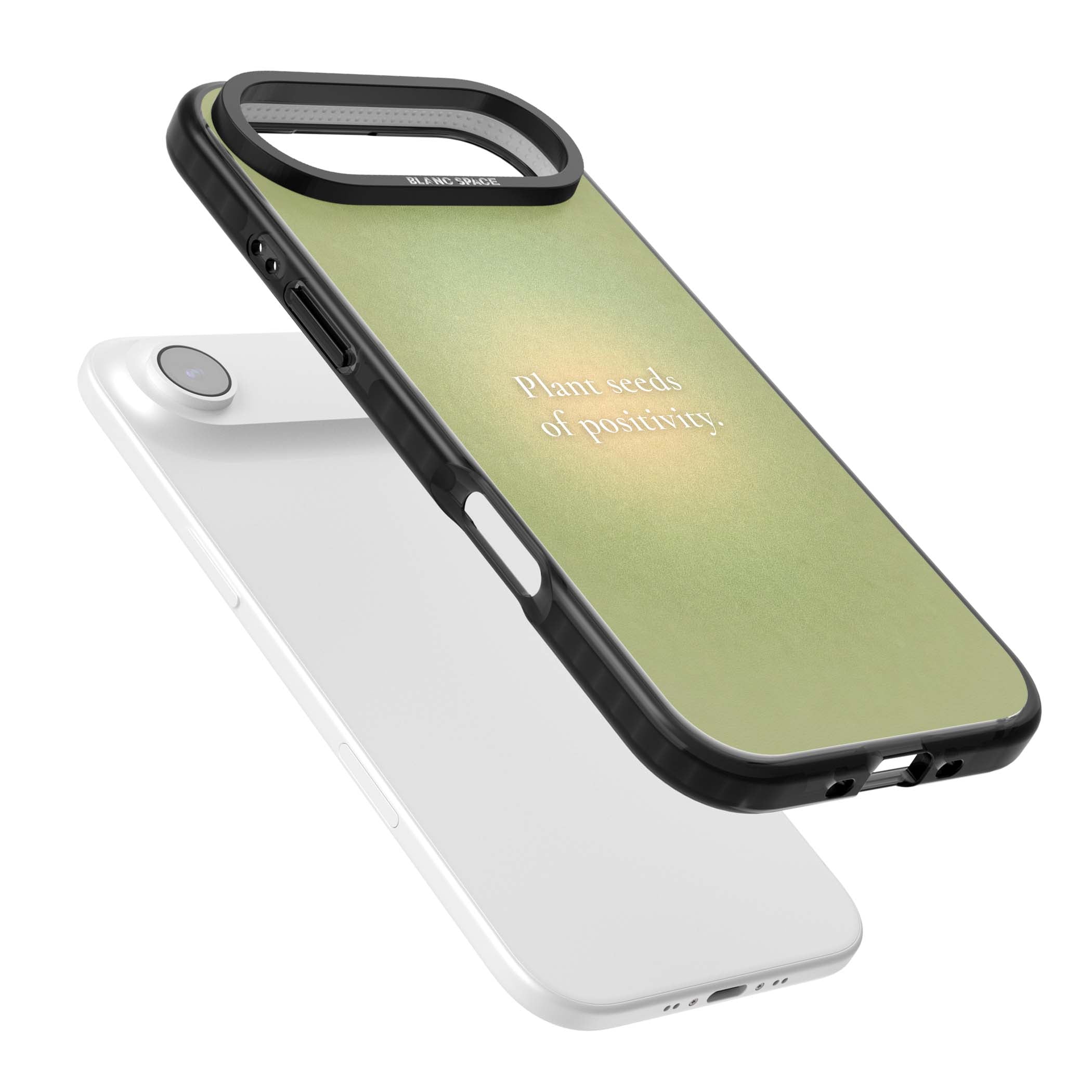 Seeds of Positivity quote iPhone case featuring a sage green aura gradient and golden glow affirmation | Clear Impact case for iPhone Air