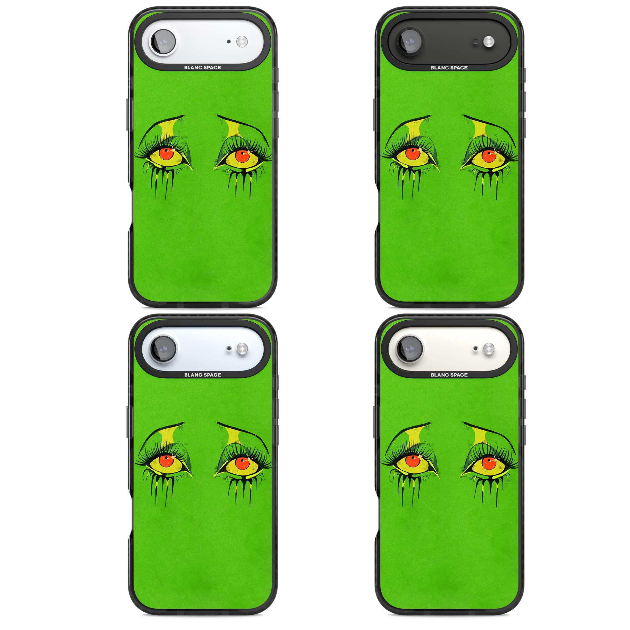 Green Enchanted Eyes psychedelic art iPhone case featuring hand-drawn dripping eyes on neon green background | Clear Impact case for iPhone Air