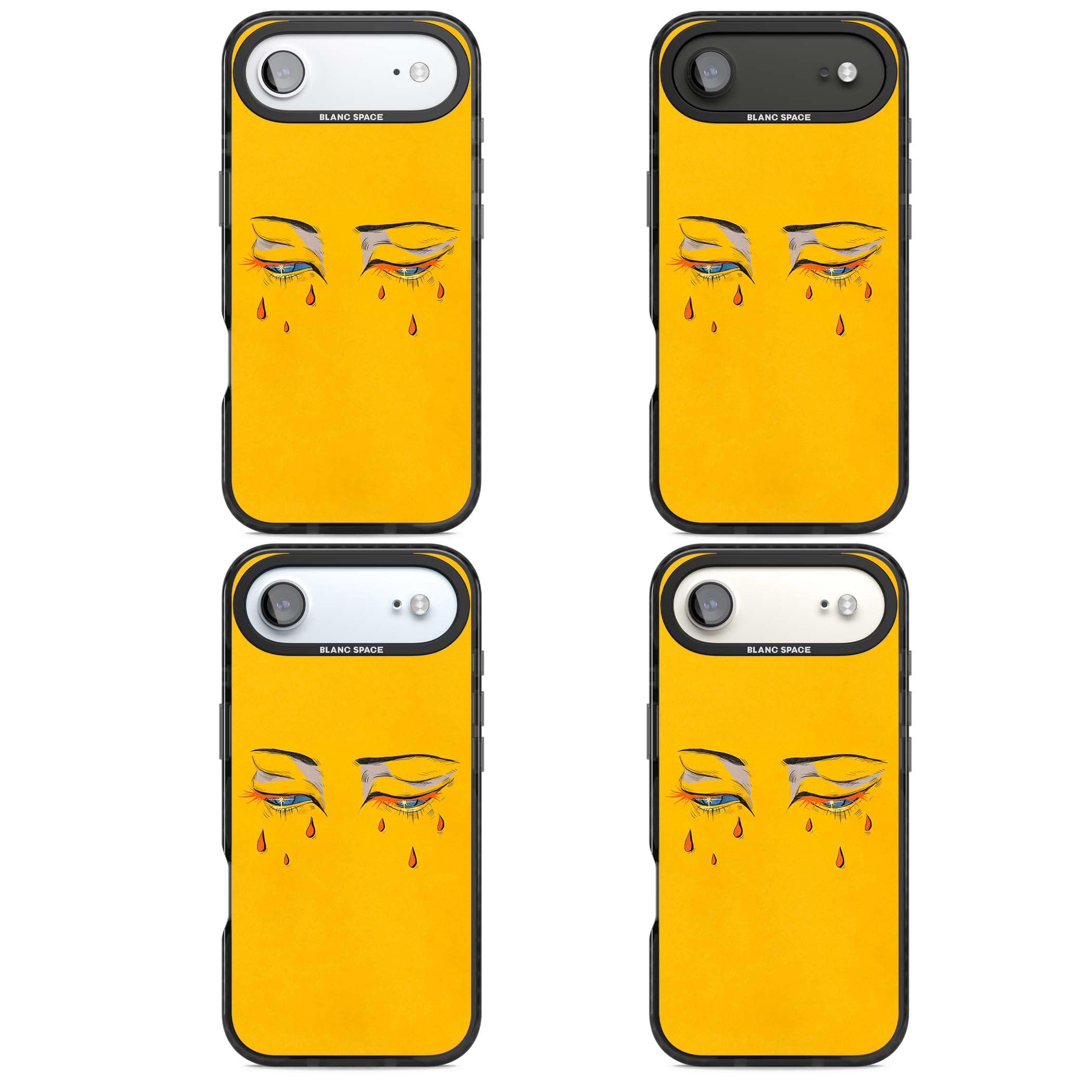 Yellow Tearful Eyes indie iPhone case featuring hand-drawn crying eyes with orange tears on a yellow background | Clear Impact case for iPhone Air