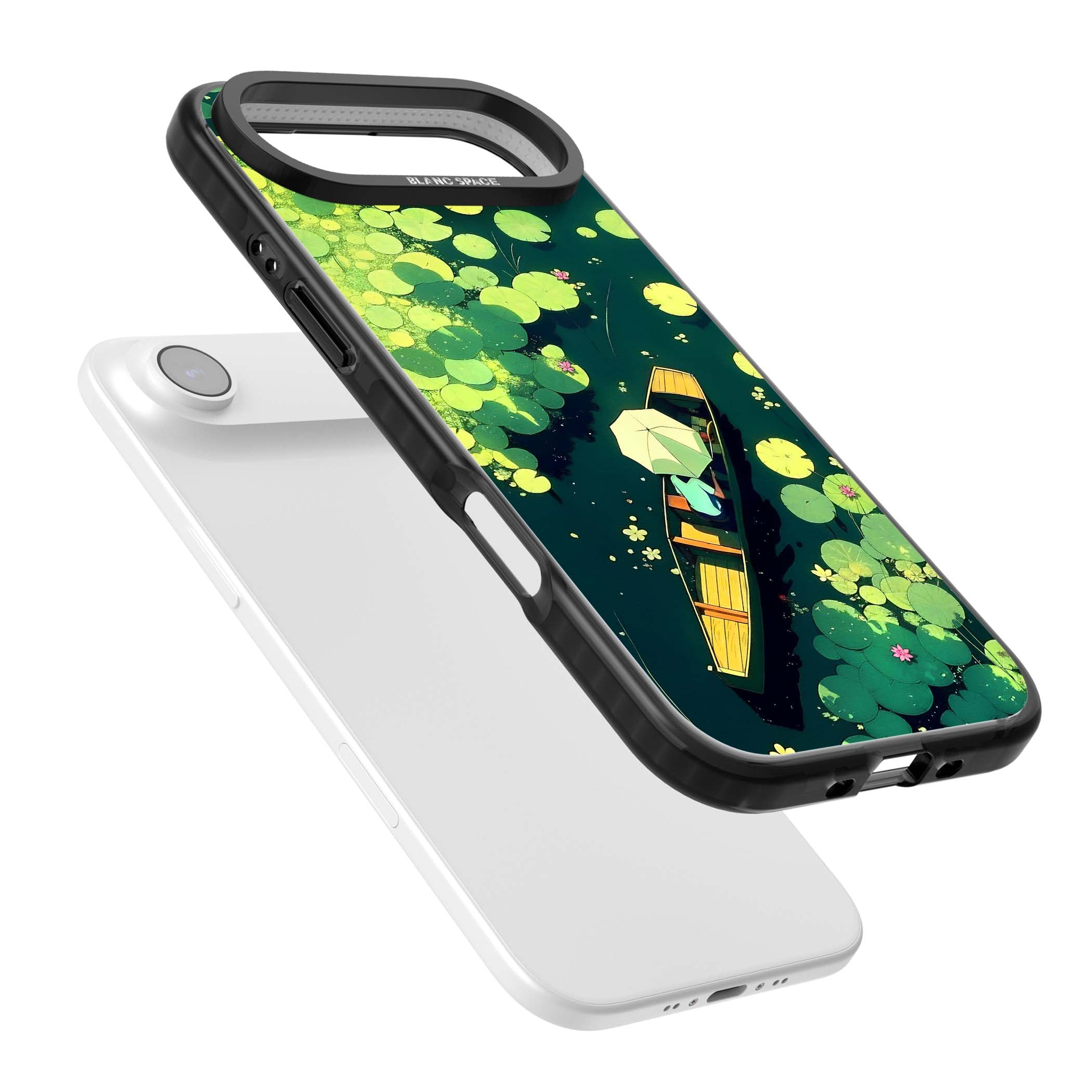 Jade Waters cottagecore iPhone case featuring a painted lily pond, wooden boat with parasol and floating water lilies | Clear Impact case for iPhone Air