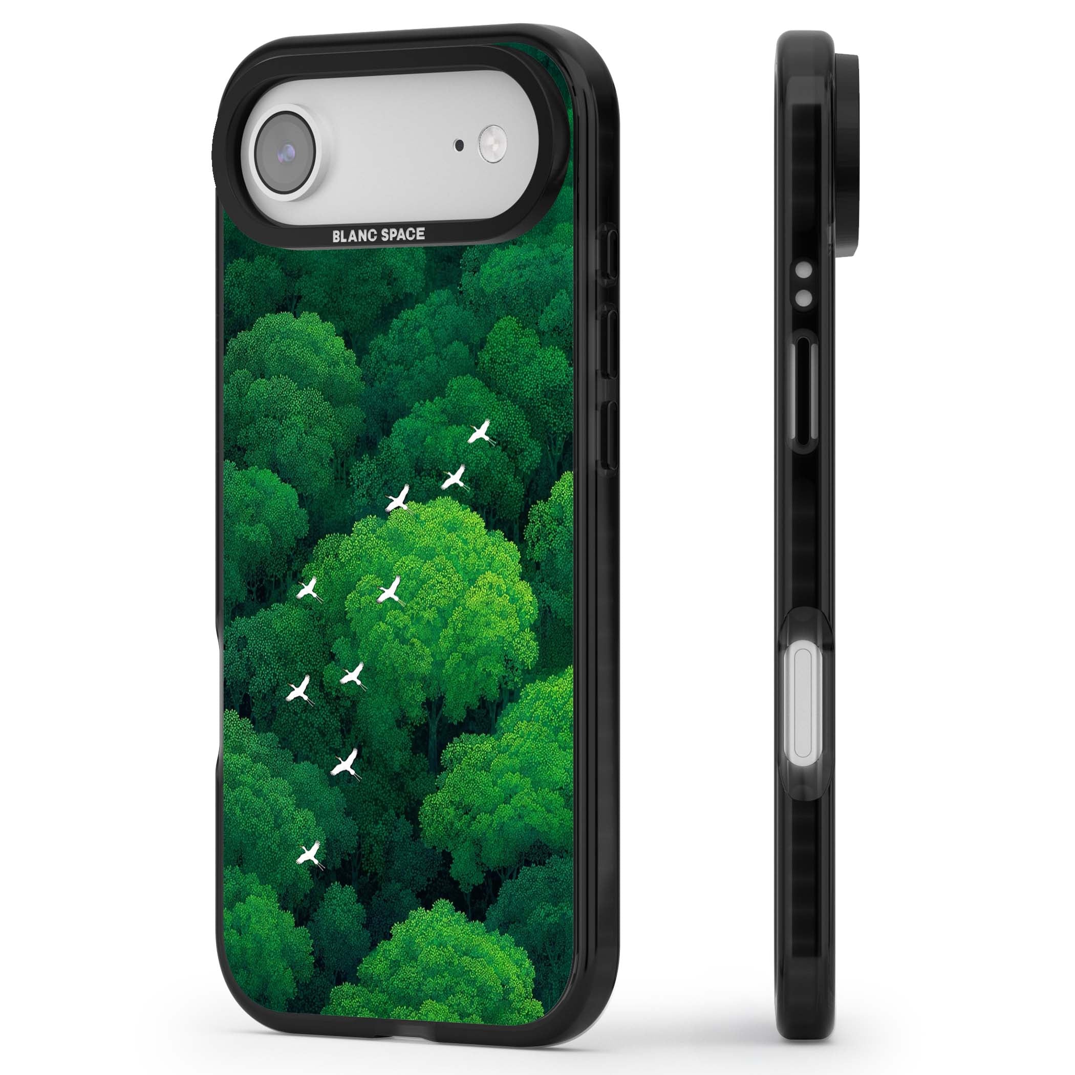 Grove Migration forest iPhone case featuring white cranes flying over lush green treetop canopy | Clear Impact case for iPhone Air