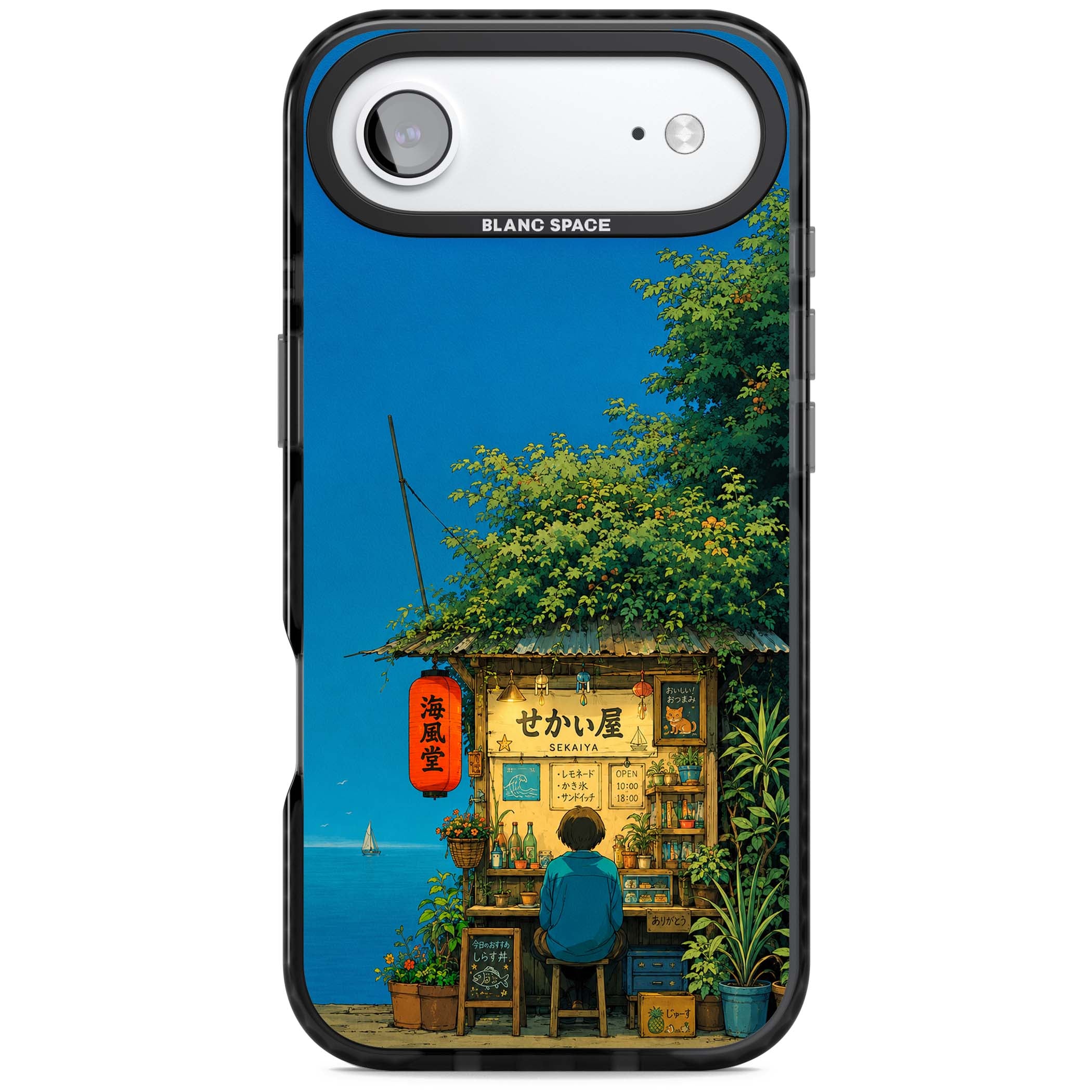 The Shirahama Kiosk anime iPhone case featuring a Japanese seaside shop, red paper lantern and ocean view | Clear Impact case for iPhone Air