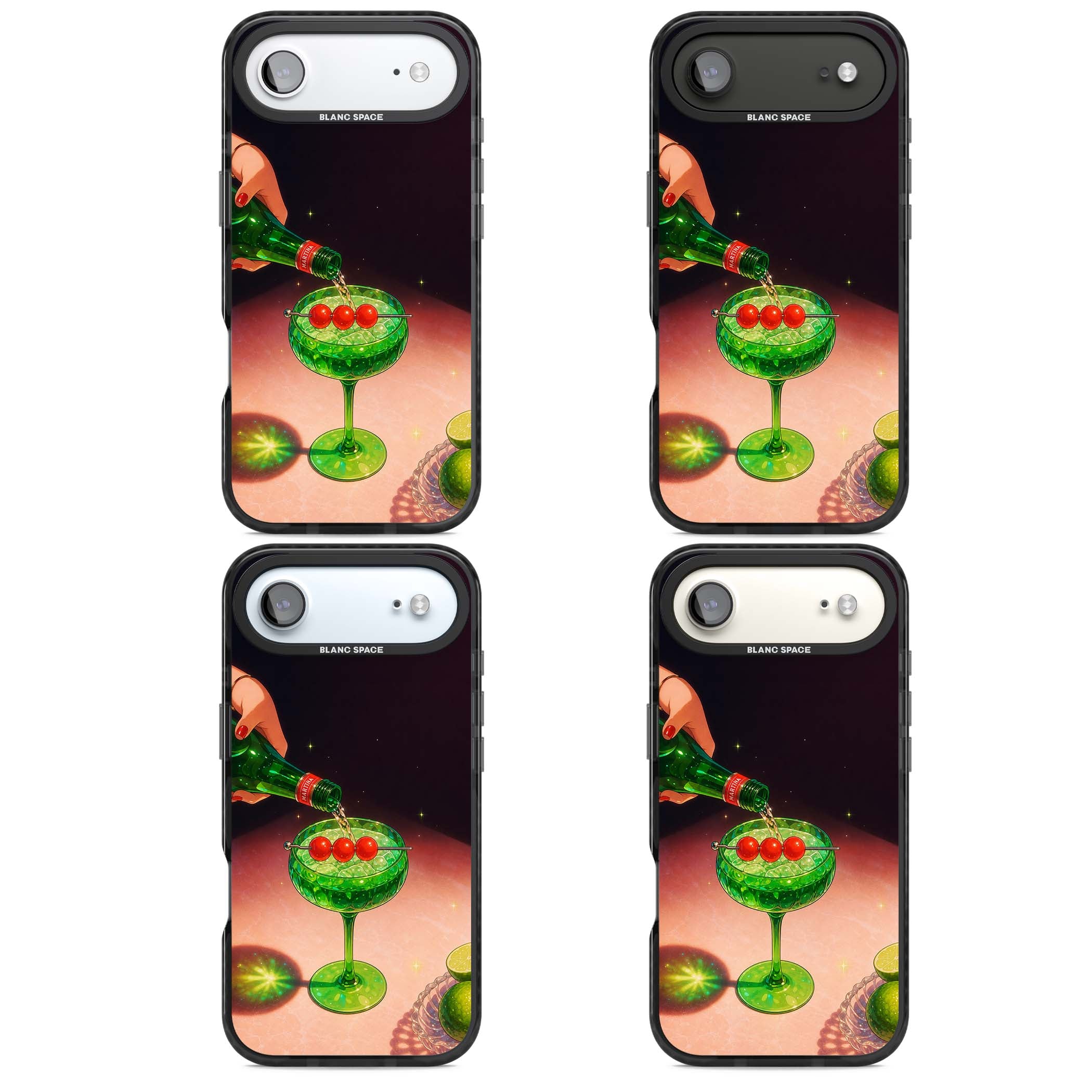 Absinthe Hour cocktail iPhone case featuring a green coupe glass, cherry garnish and vintage bottle pour illustration | Clear Impact case for iPhone Air
