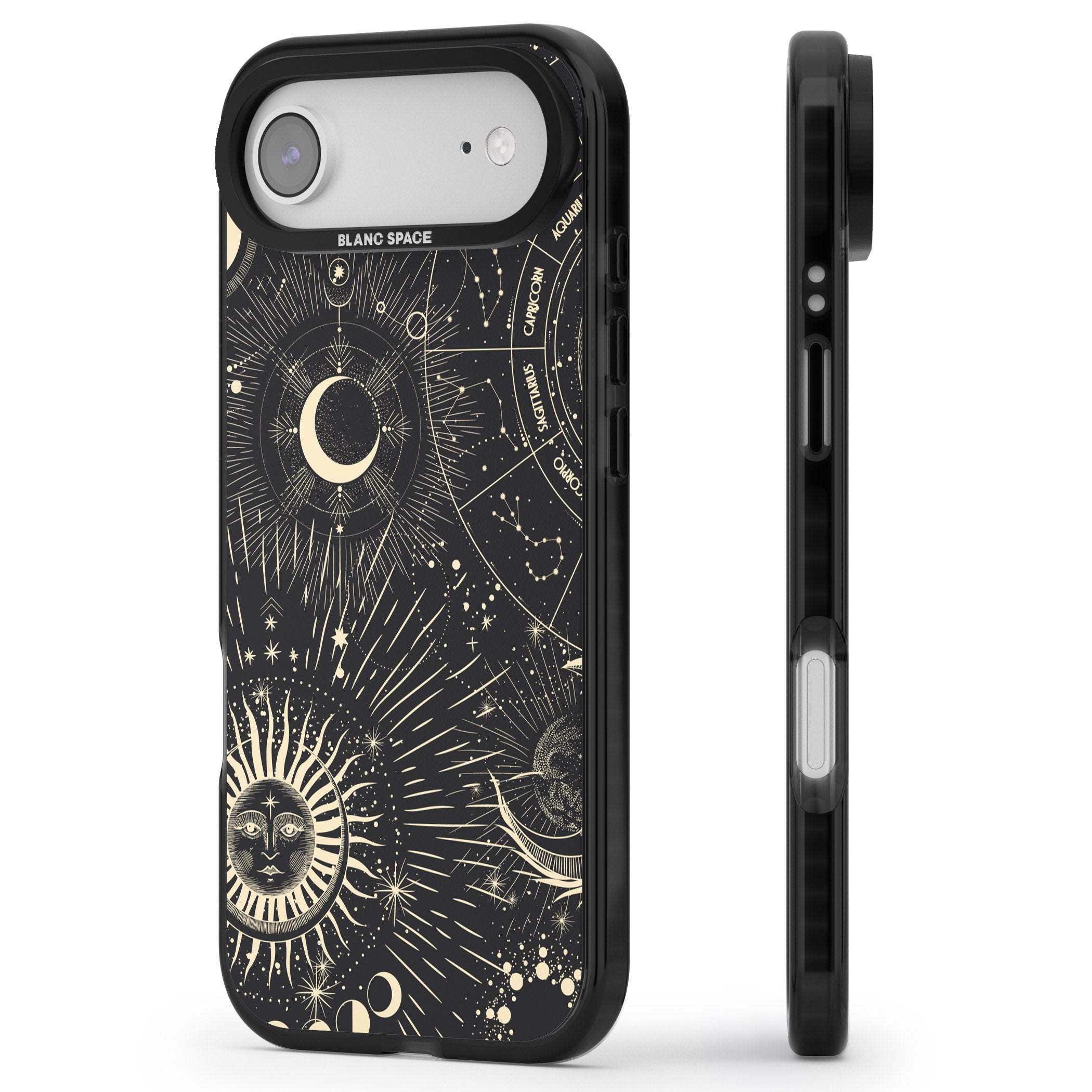 Cosmic Sun & Symbols Zodiac iPhone 17 Air Impact Black Phone Case Side Profile