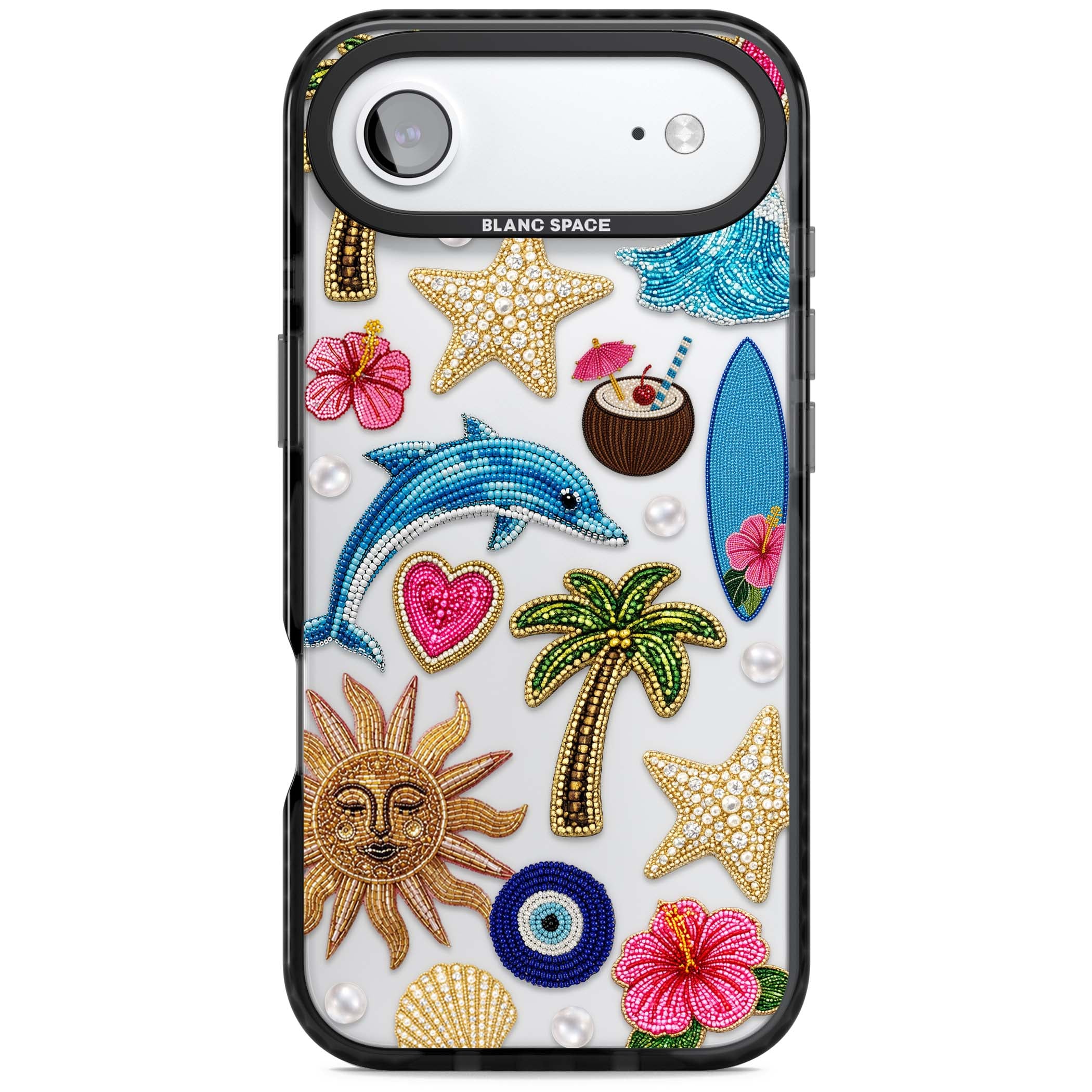 Beaded Beach coastal summer iPhone case featuring embroidered evil eye, hibiscus flowers, dolphin and palm tree patches | Clear Impact case for iPhone Air