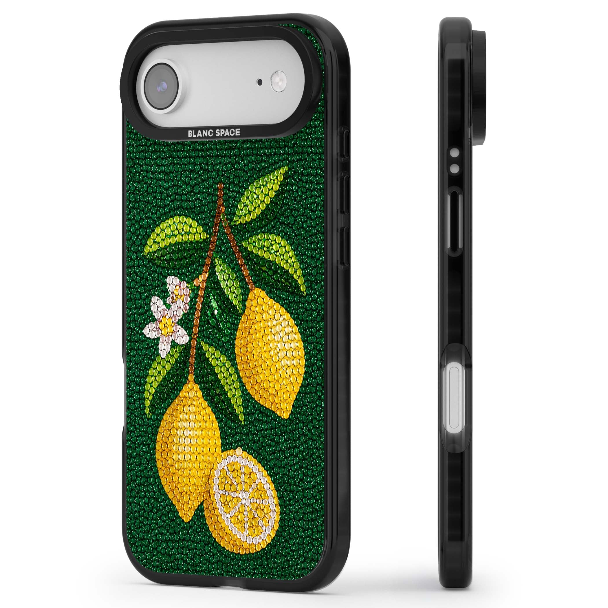 Beaded Lemons coastal iPhone case featuring crystal-beaded lemons, citrus blossom and green leaves on emerald ground | Clear Impact case for iPhone Air
