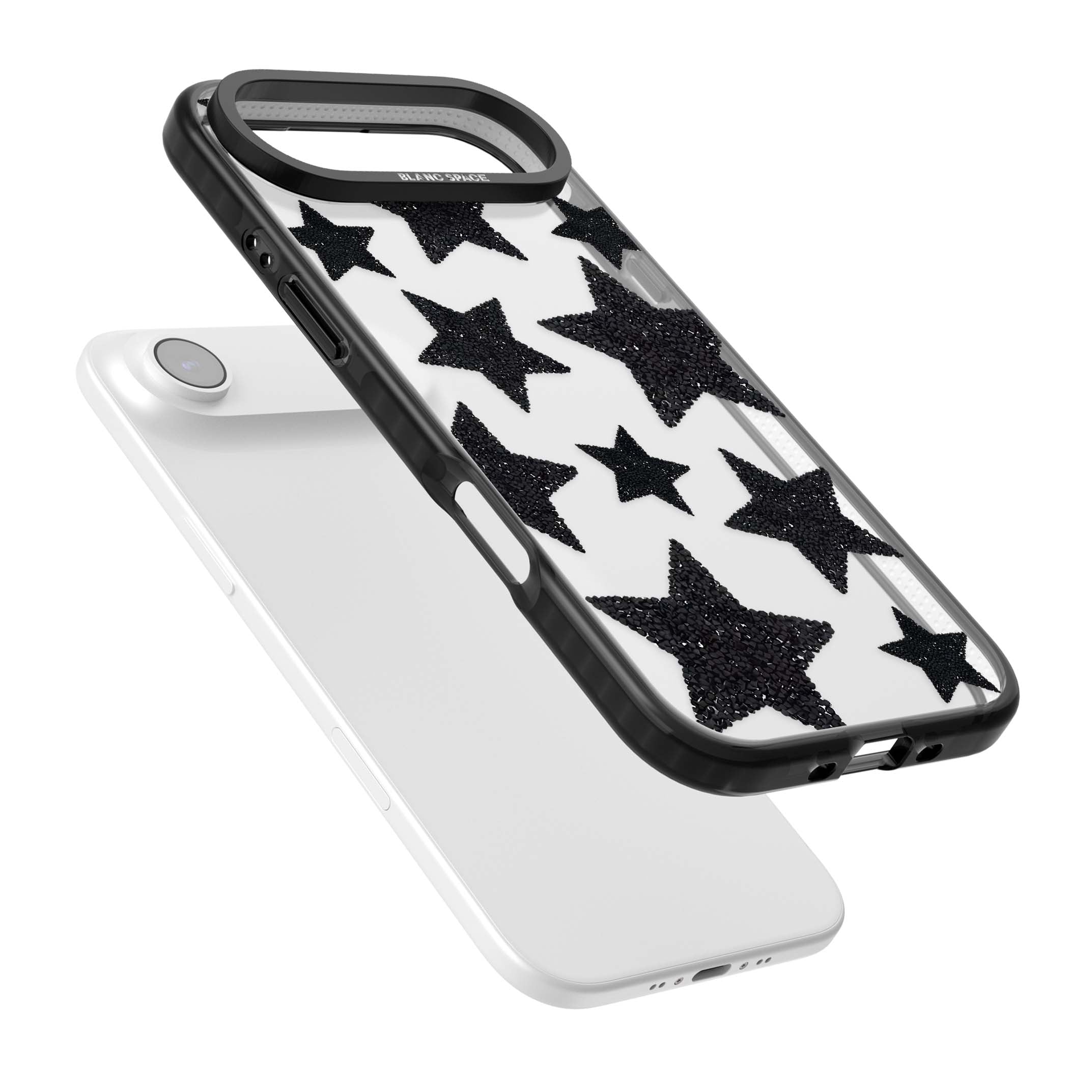 Beaded Black Stars celestial iPhone case featuring black glitter beaded stars scattered on a clear background | Clear Impact case for iPhone Air