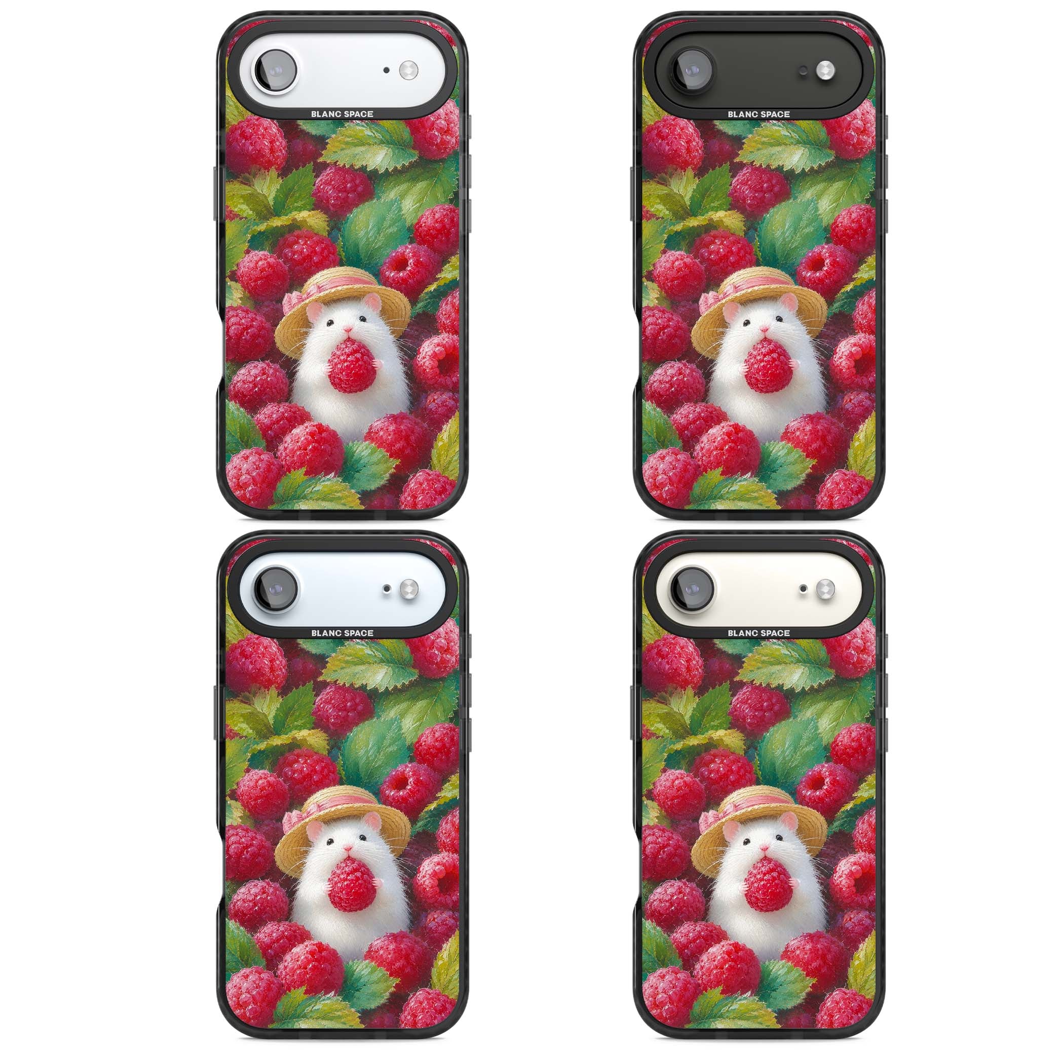 Berry Forager cottagecore iPhone case featuring a white hamster in a straw hat holding a raspberry surrounded by ripe ber | Clear Impact case for iPhone Air