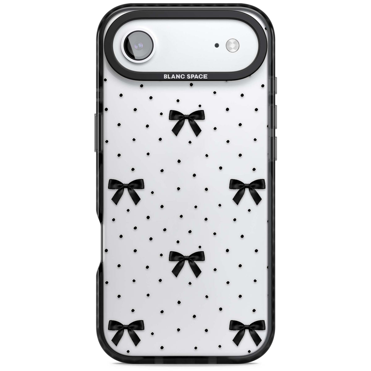 Black Polka Bows coquette iPhone case featuring scattered black satin bows and tiny polka dots on a clear base | Clear Impact case for iPhone Air