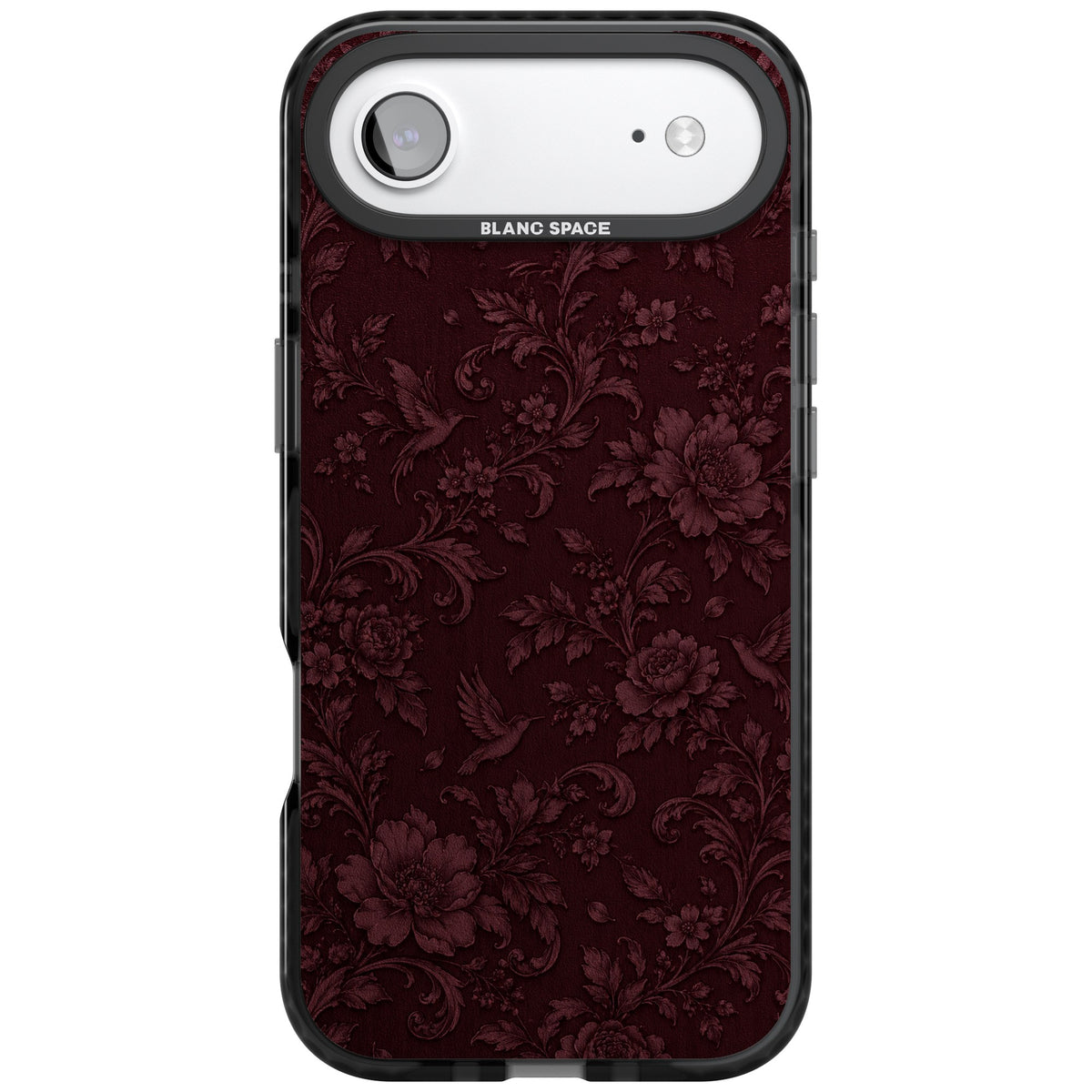 Velours Rouge dark academia iPhone case featuring burgundy damask peonies, baroque scrolls and hummingbirds iPhone Air / iPhone 17 Air Impact Black Phone Case front