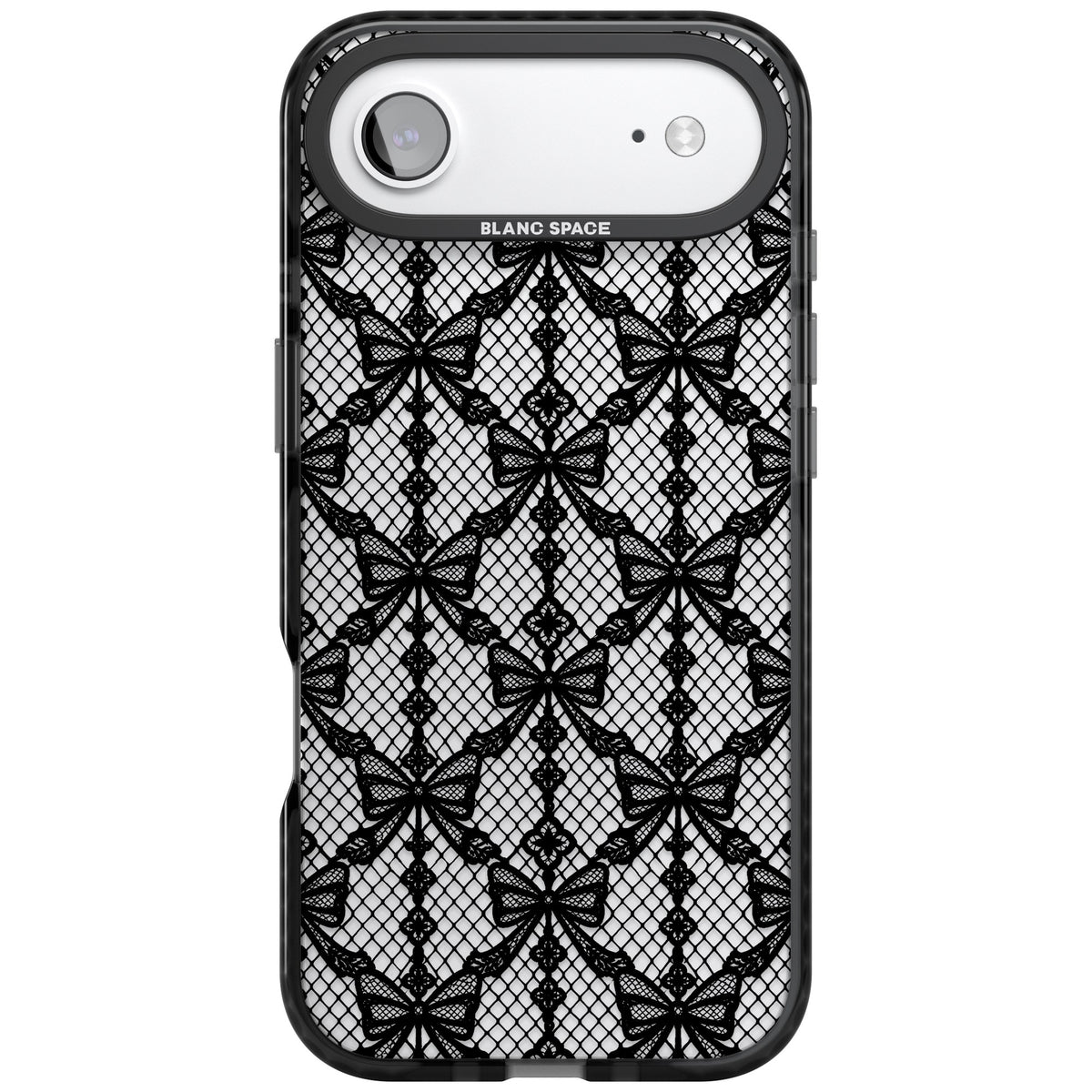 Black Bow Lace coquette iPhone case featuring black lace bows, fishnet mesh and beaded trellis on a clear background iPhone Air / iPhone 17 Air Impact Black Phone Case front