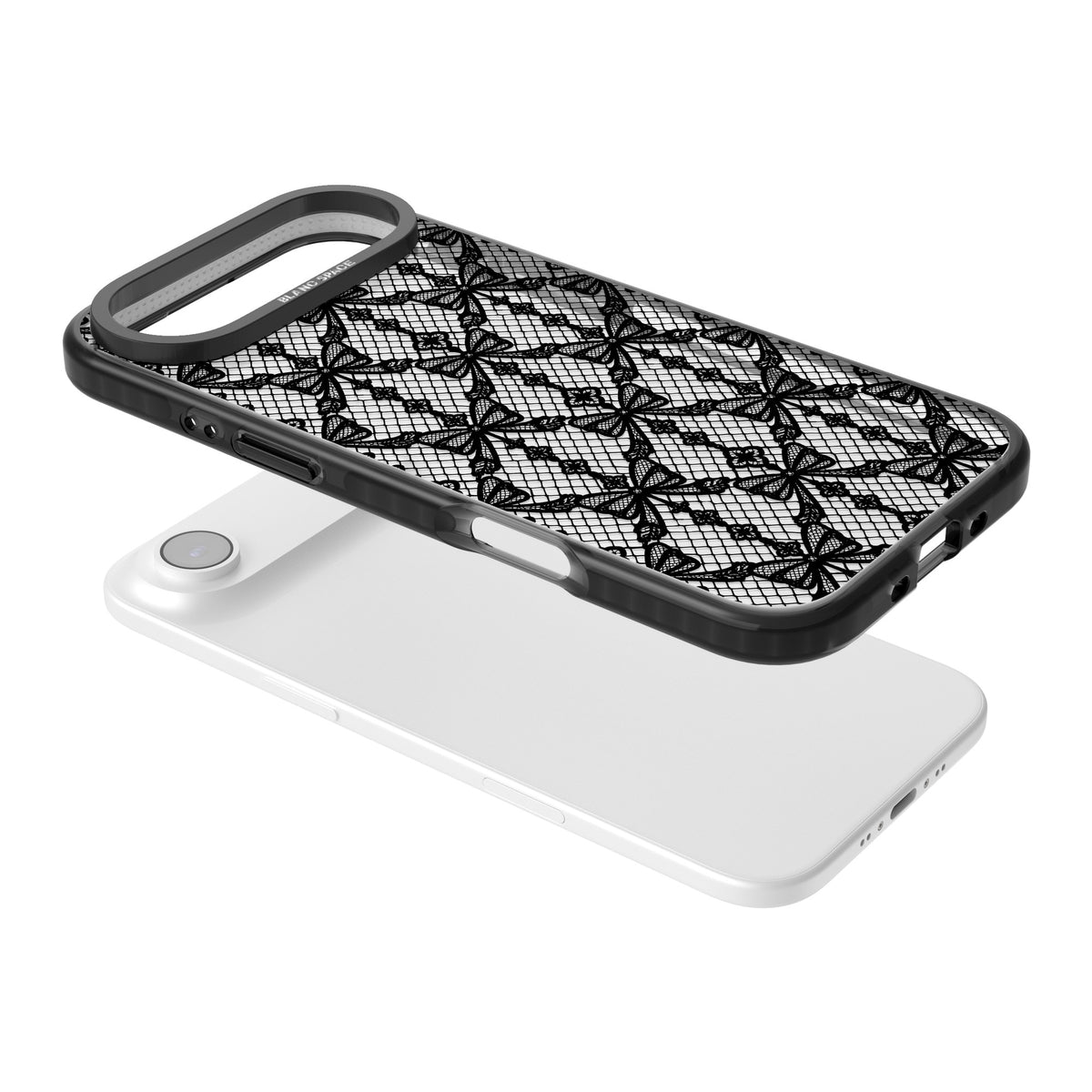 Black Bow Lace coquette iPhone case featuring black lace bows, fishnet mesh and beaded trellis on a clear background iPhone Air / iPhone 17 Air Impact Black Phone Case angled