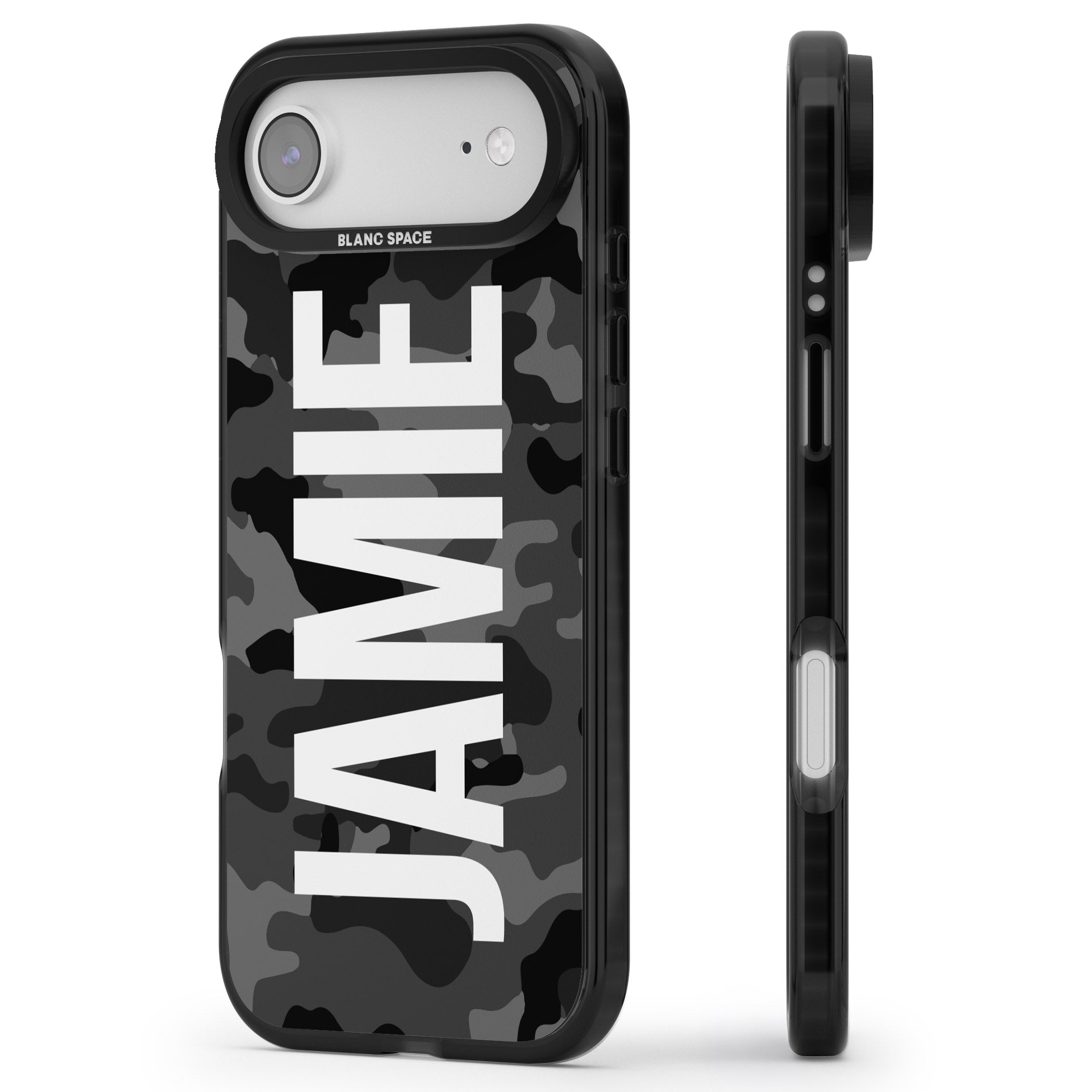 Personalised Black Camo Name Vertical iPhone 17 Air Impact Black Phone Case Side Profile