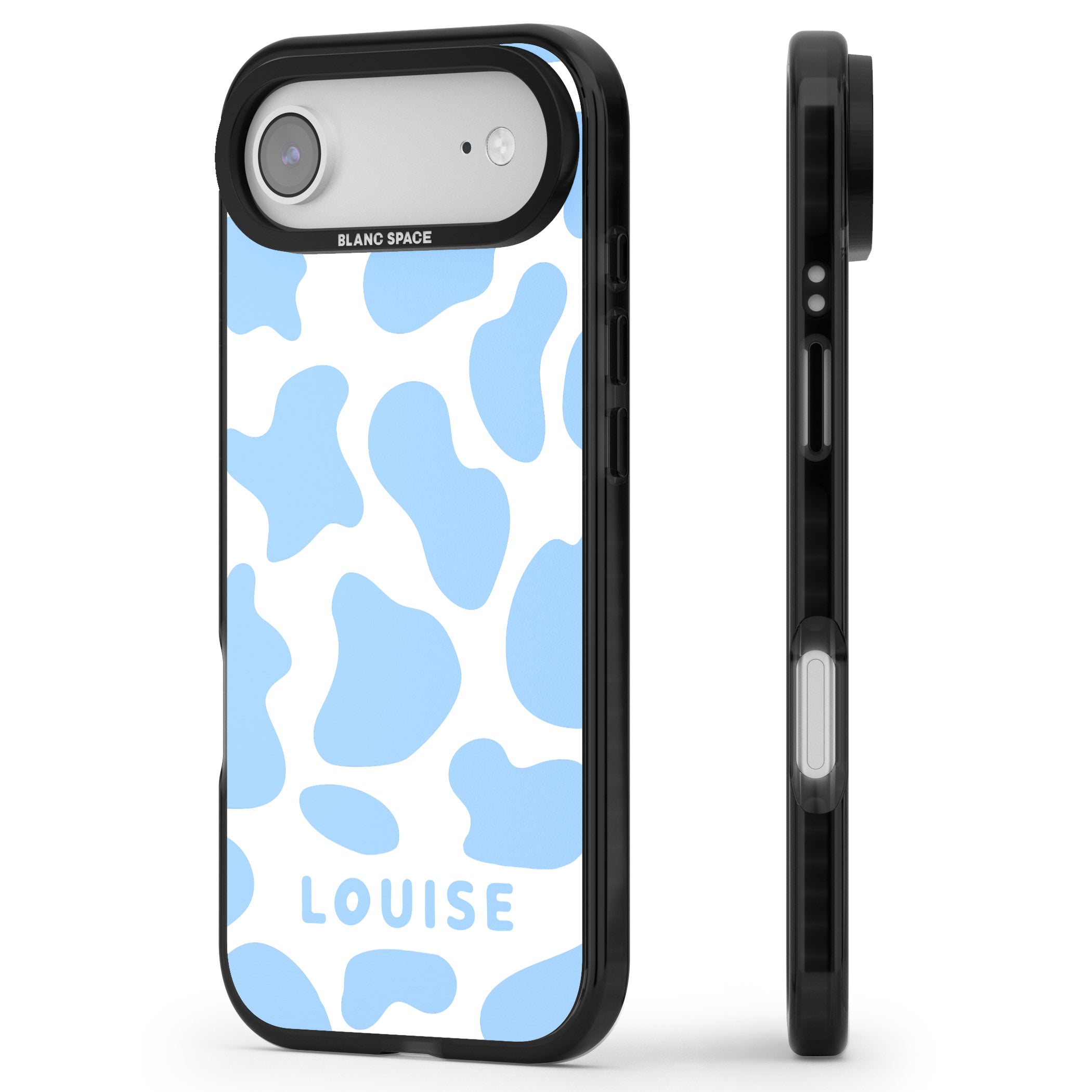 Personalised Blue And White Cow Print iPhone 17 Air Impact Black Phone Case Side Profile