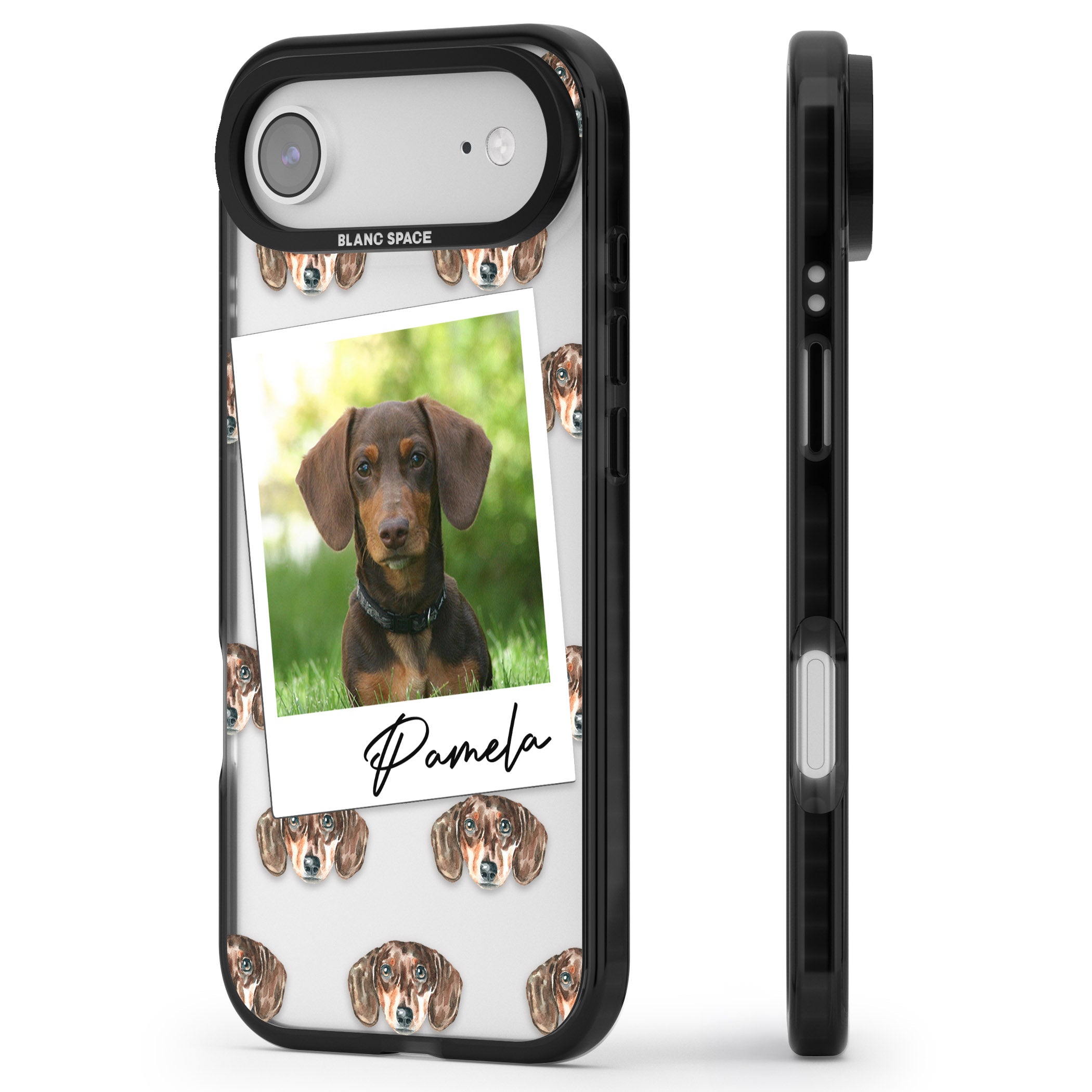 Personalised Brown Dachshund Instant Camera Photo iPhone 17 Air Impact Black Phone Case Side Profile