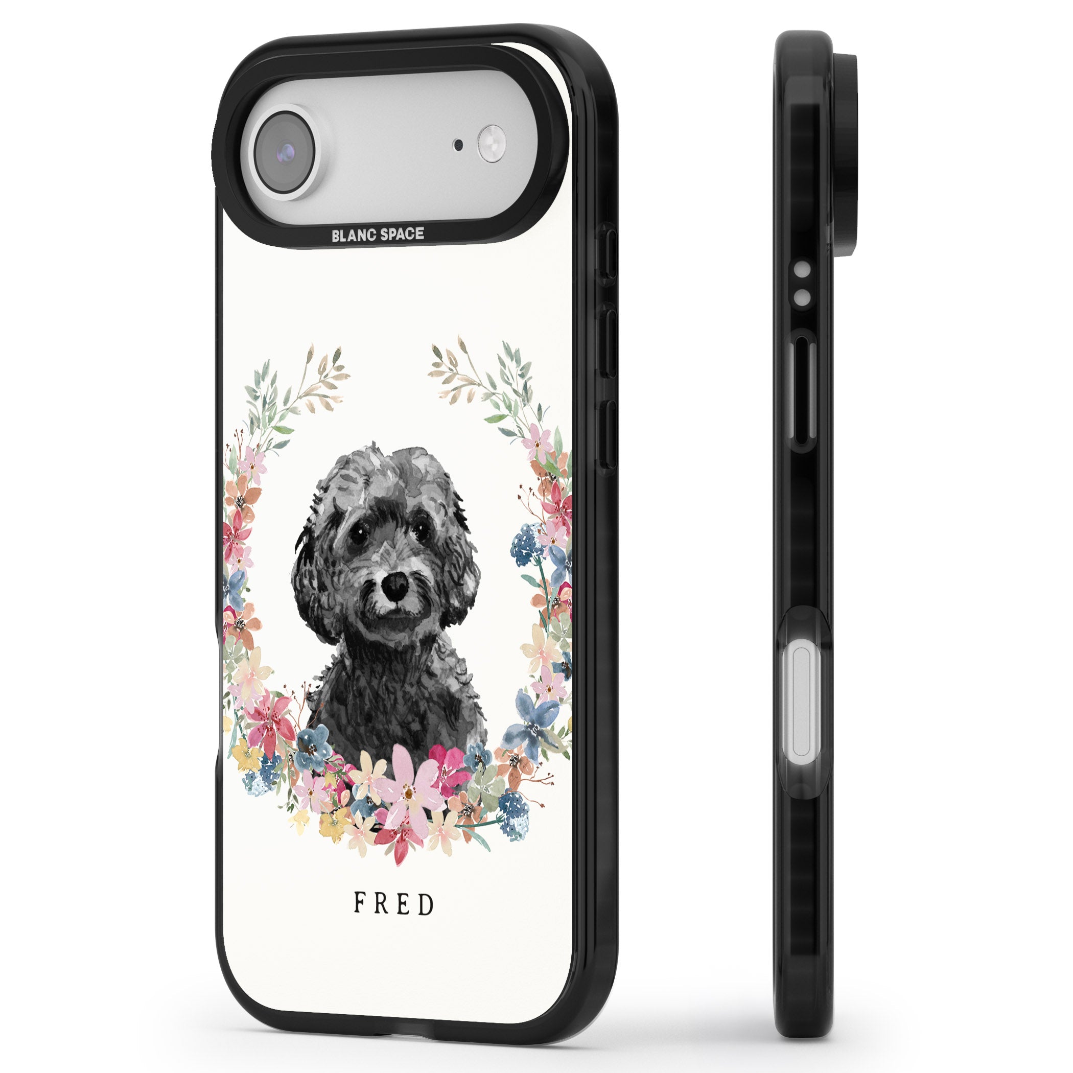 Personalised Black Cockapoo Floral Portrait iPhone 17 Air Impact Black Phone Case Side Profile