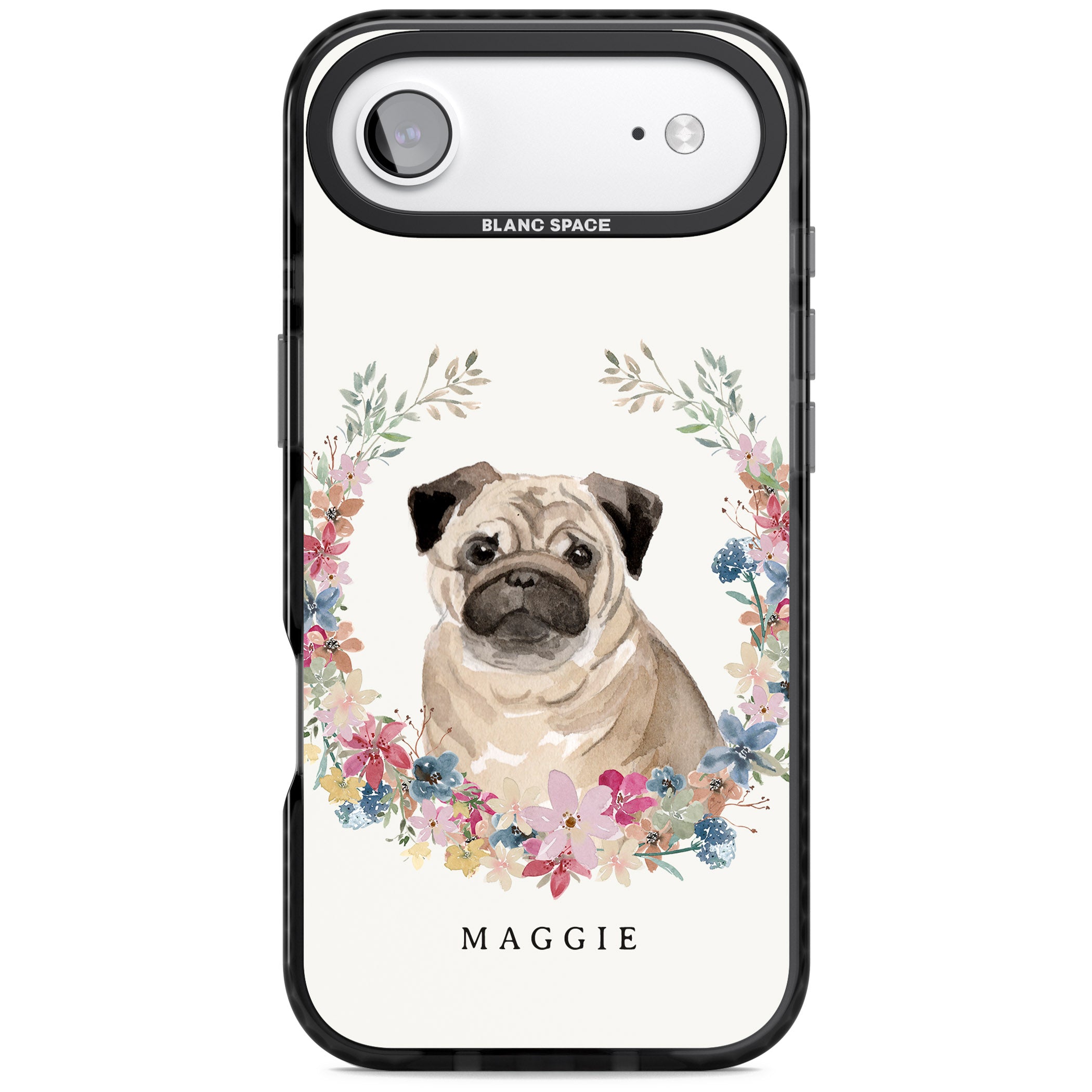 Personalised Pug Floral Portrait iPhone 17 Air Impact Black Phone Case