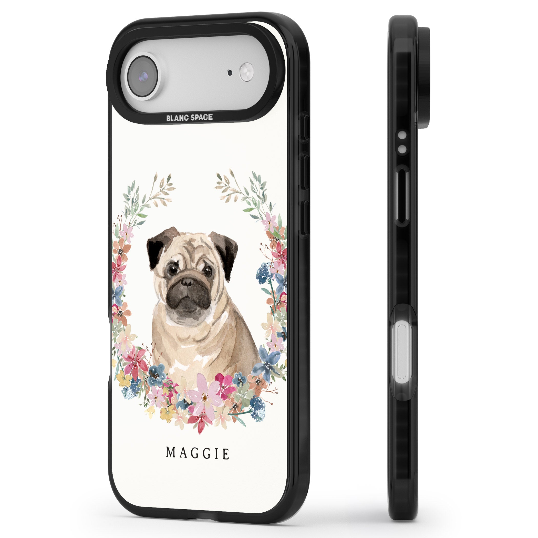 Personalised Pug Floral Portrait iPhone 17 Air Impact Black Phone Case Side Profile