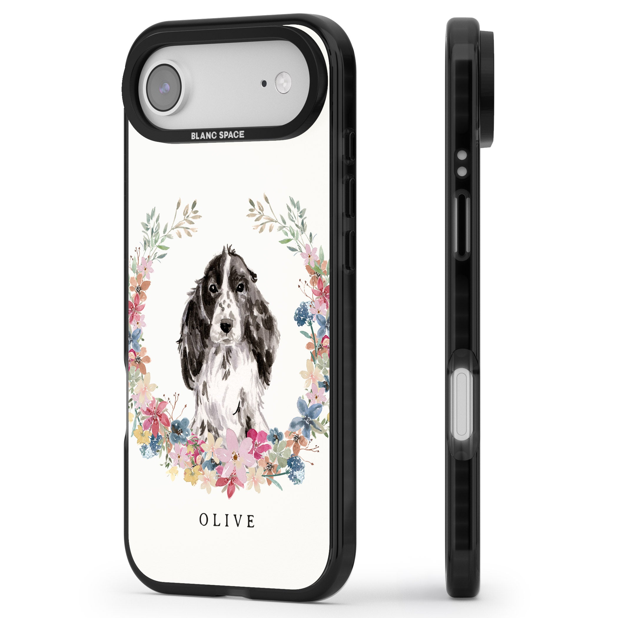 Personalised Black Cocker Spaniel Floral Portrait iPhone 17 Air Impact Black Phone Case Side Profile