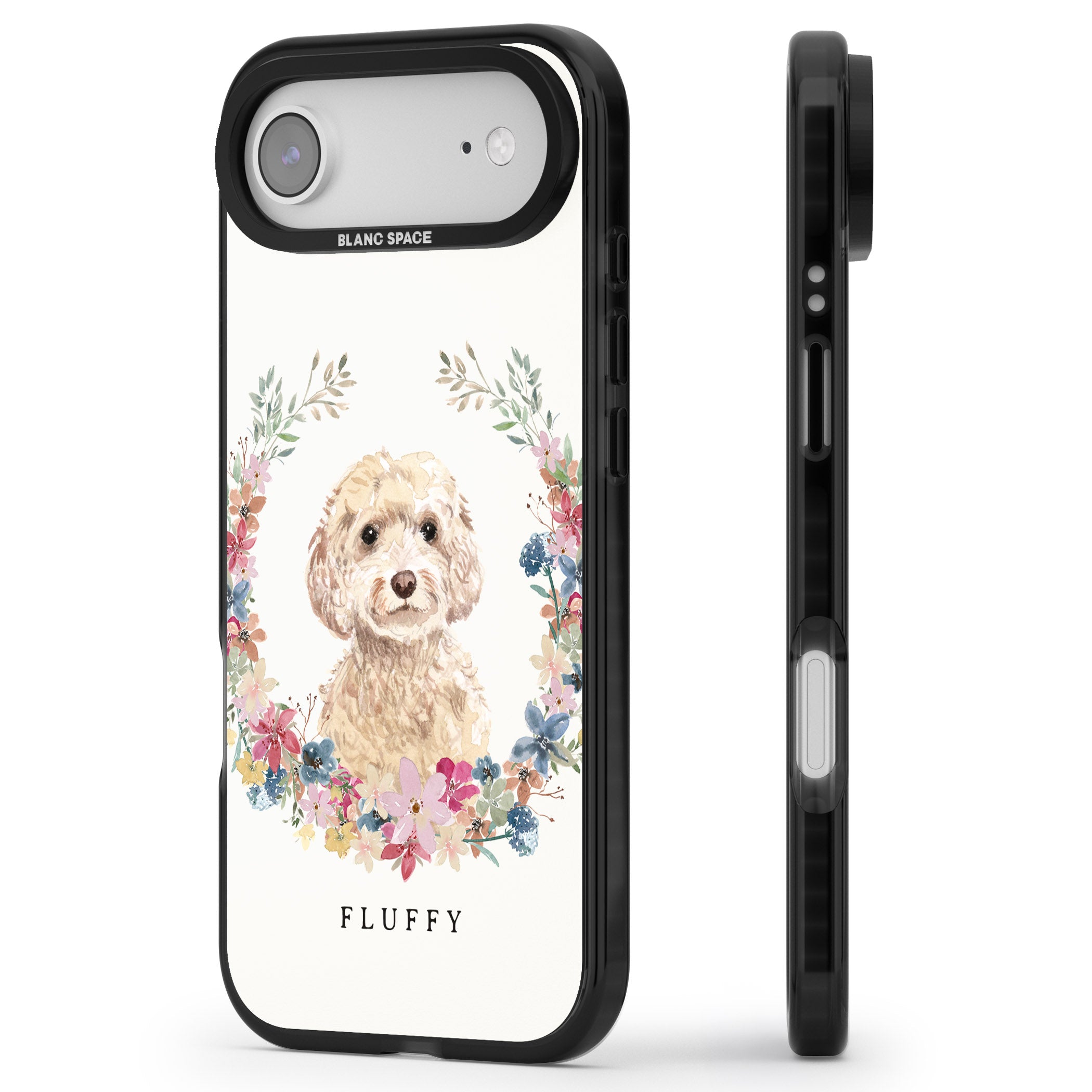 Personalised Champagne Cockapoo Floral Portrait iPhone 17 Air Impact Black Phone Case Side Profile