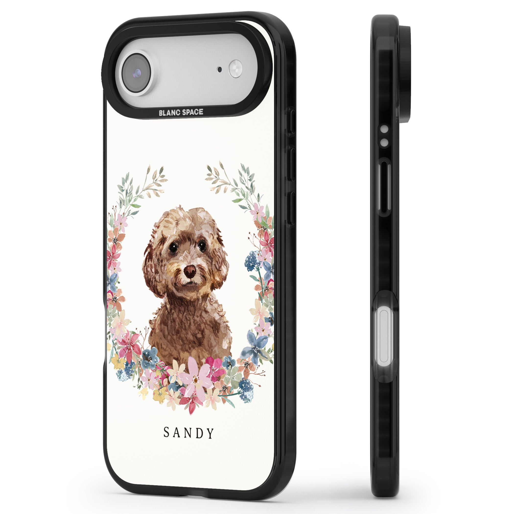 Personalised Brown Cockapoo Floral Portrait iPhone 17 Air Impact Black Phone Case Side Profile