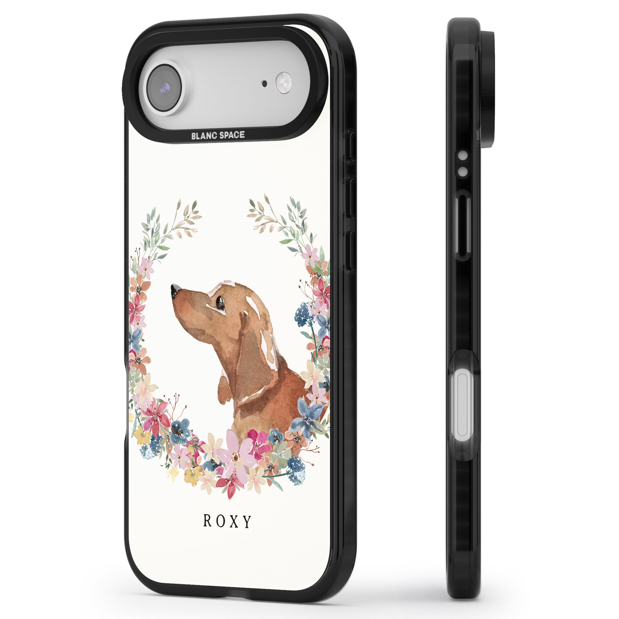 Personalised Tan Dachshund Floral Portrait iPhone 17 Air Impact Black Phone Case Side Profile