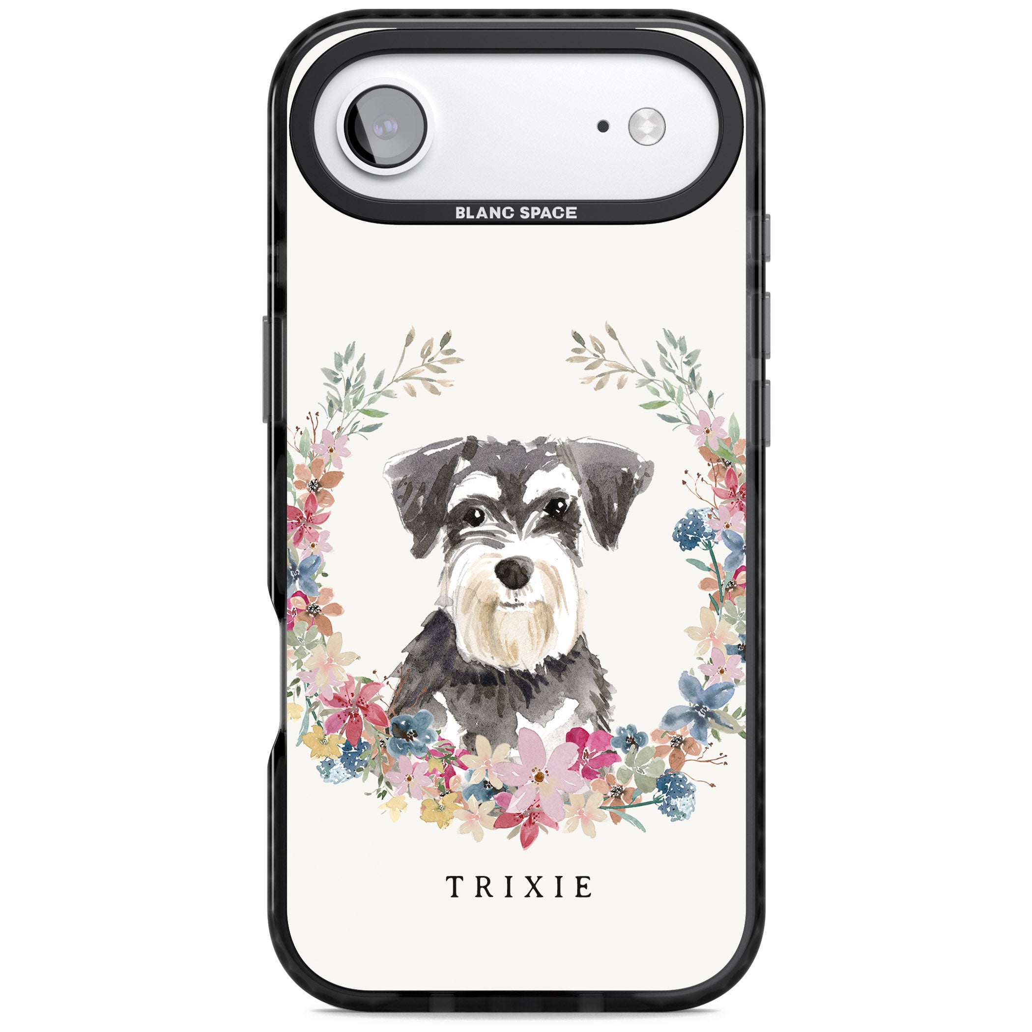 Personalised Watercolor Schnauzer Floral Portrait iPhone 17 Air Impact Black Phone Case