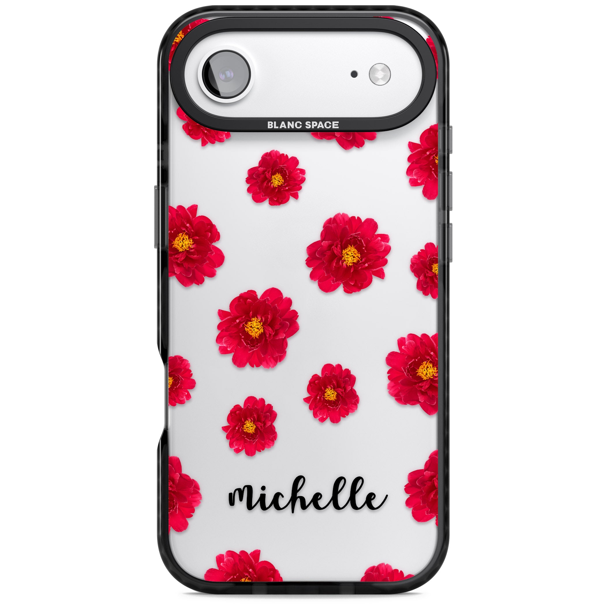 Personalised Red Peonies & Cursive iPhone 17 Air Impact Black Phone Case