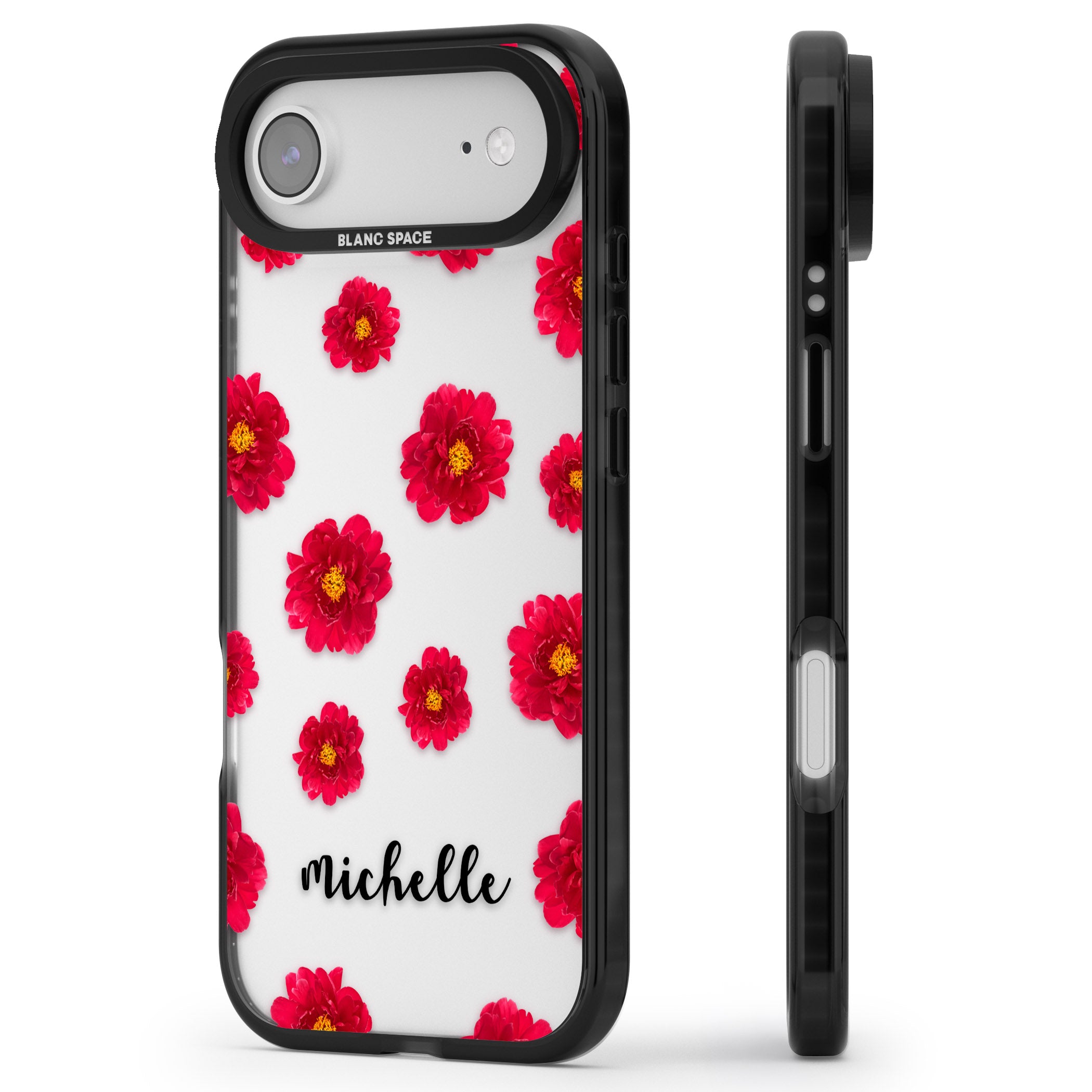 Personalised Red Peonies & Cursive iPhone 17 Air Impact Black Phone Case Side Profile