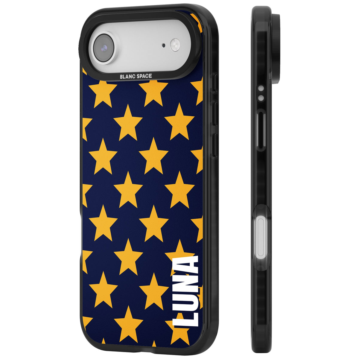 Personalised Starry Name celestial iPhone case featuring yellow stars on navy blue with a custom name iPhone Air / iPhone 17 Air Impact Black Phone Case side