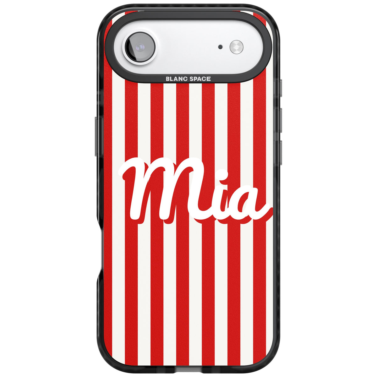 Personalised Retro Stripe Name custom iPhone case featuring red and white stripes and a personalised script name iPhone Air / iPhone 17 Air Impact Black Phone Case front