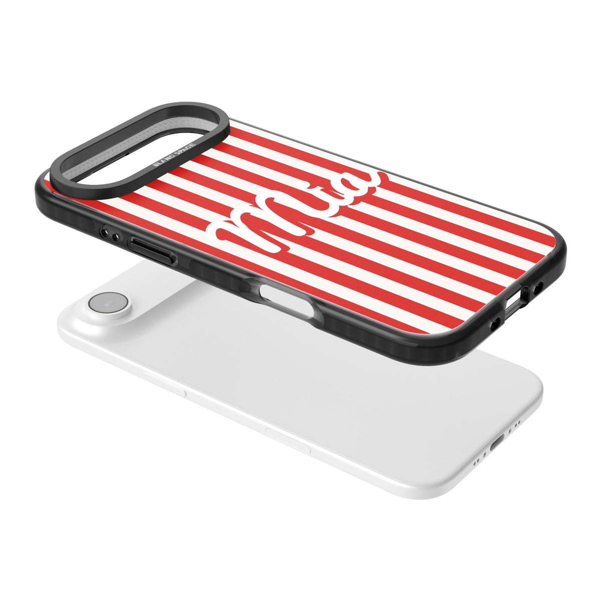 Personalised Retro Stripe Name custom iPhone case featuring red and white stripes and a personalised script name iPhone Air / iPhone 17 Air Impact Black Phone Case angled