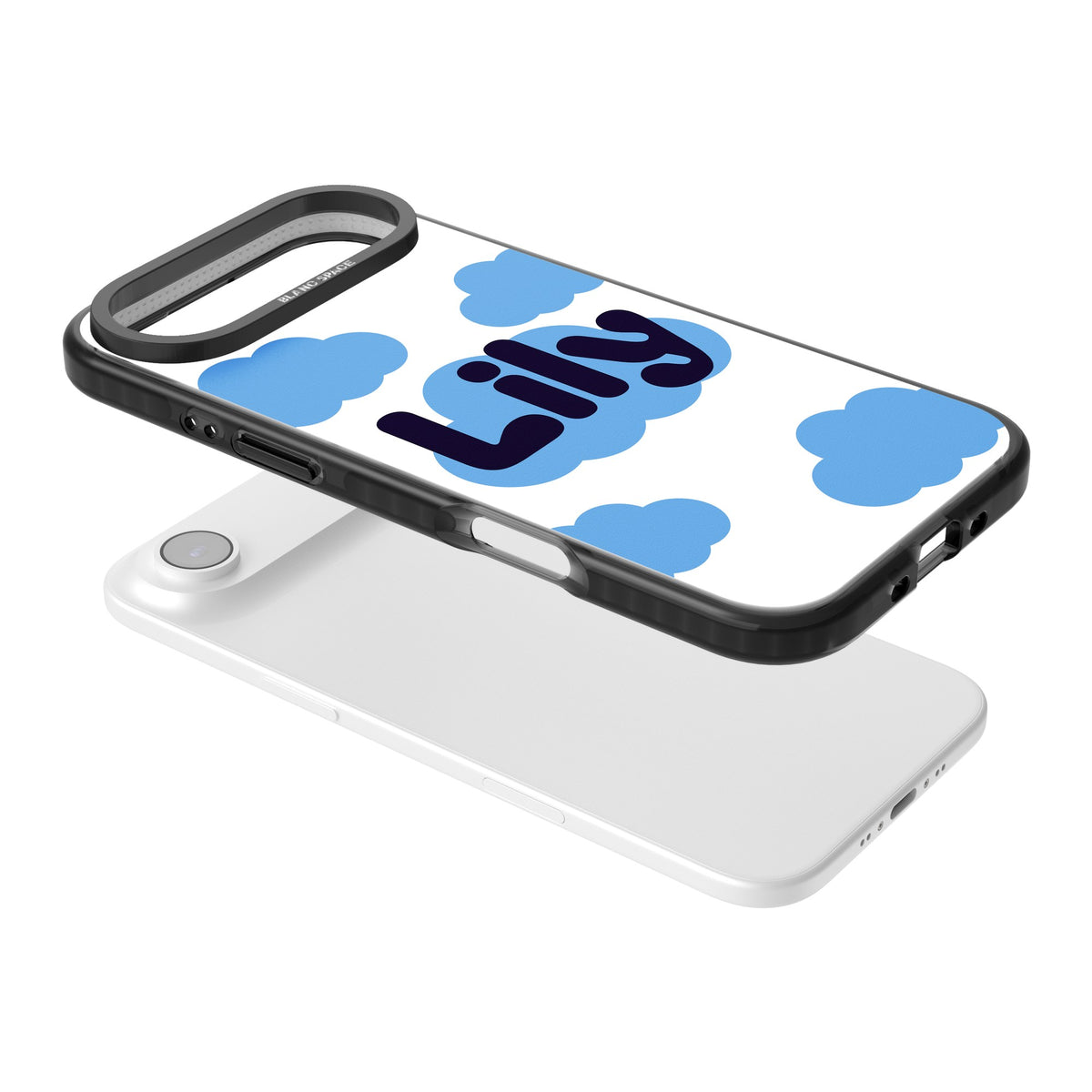 Personalised Bubble Name kawaii iPhone case featuring custom bubble lettering on a blue cloud with fluffy sky clouds iPhone Air / iPhone 17 Air Impact Black Phone Case angled