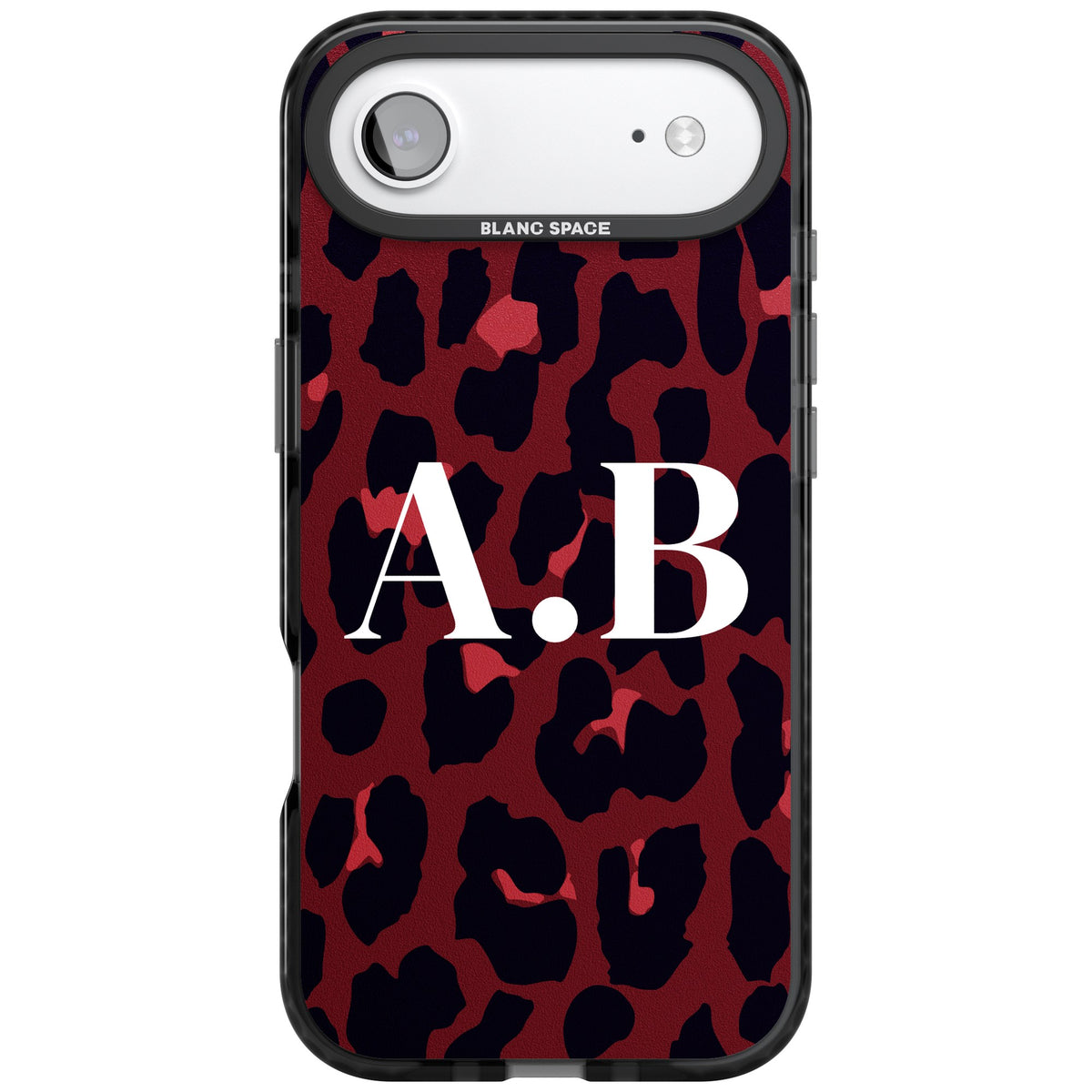 Personalised Burgundy Leopard Initials baddie iPhone case featuring black spots, red highlights and custom initials iPhone Air / iPhone 17 Air Impact Black Phone Case front
