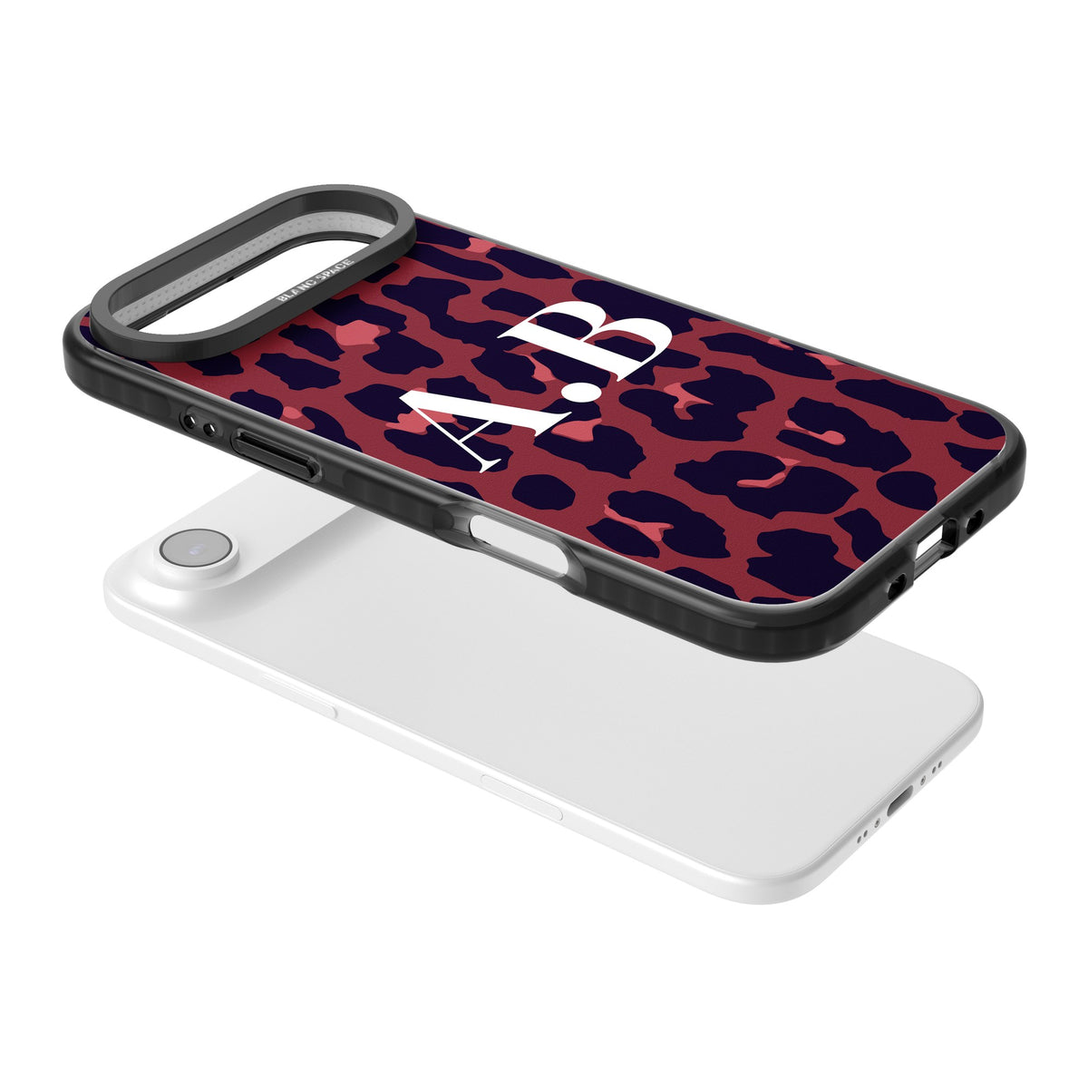 Personalised Burgundy Leopard Initials baddie iPhone case featuring black spots, red highlights and custom initials iPhone Air / iPhone 17 Air Impact Black Phone Case angled