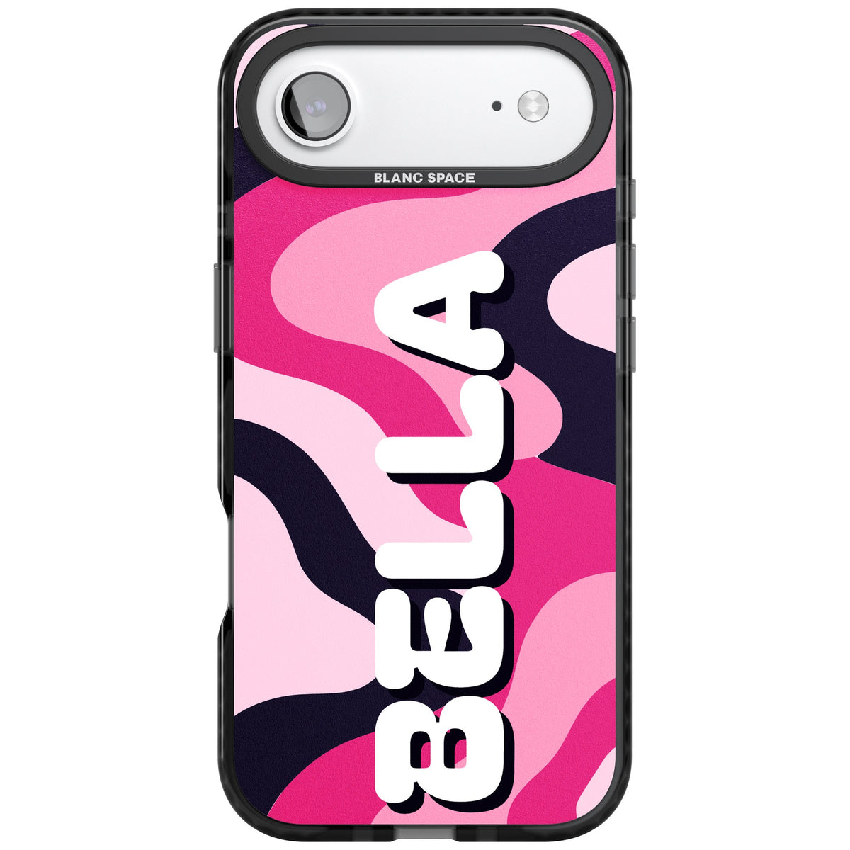 Personalised Pink Camo Name Y2K iPhone case featuring pink and black camouflage with a custom name in bold white letters iPhone Air / iPhone 17 Air Impact Black Phone Case front