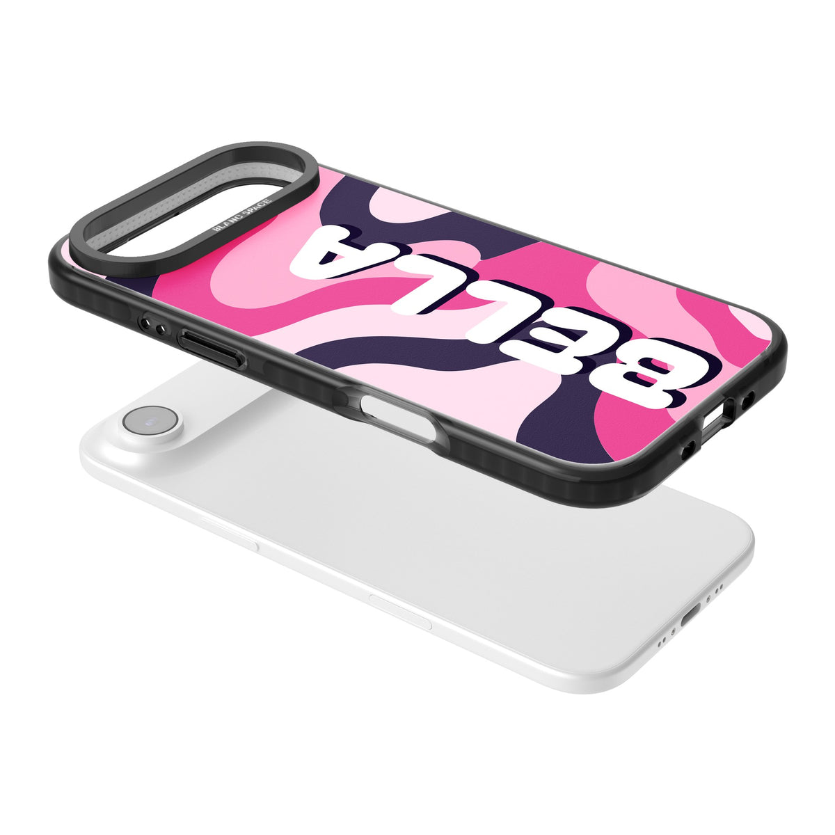 Personalised Pink Camo Name Y2K iPhone case featuring pink and black camouflage with a custom name in bold white letters iPhone Air / iPhone 17 Air Impact Black Phone Case angled