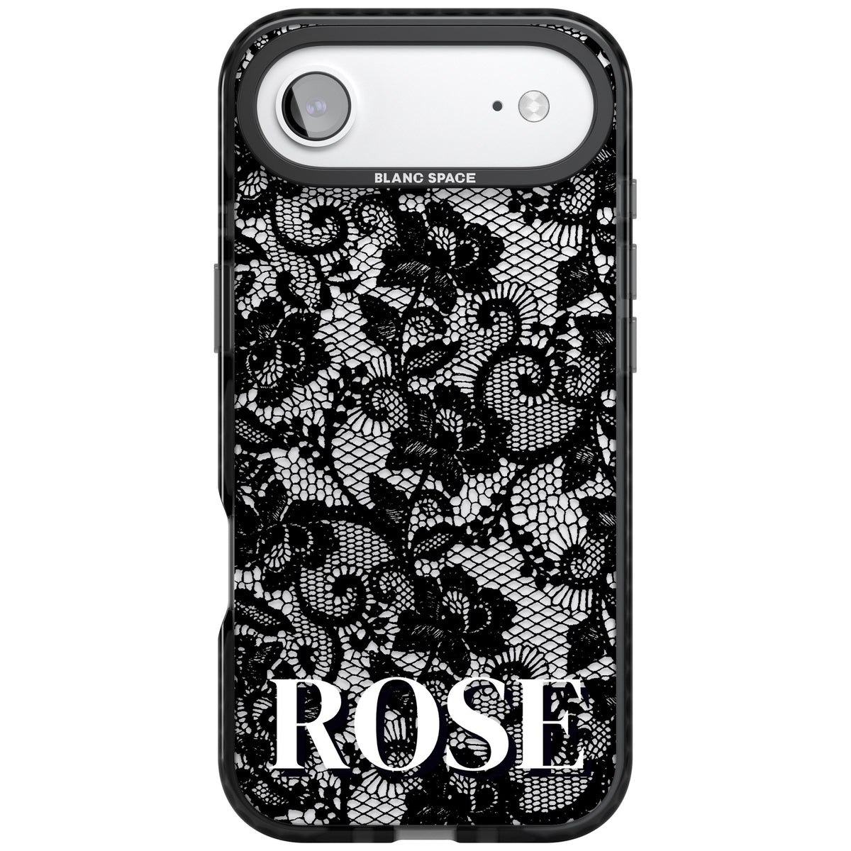Personalised Black Lace Name gothic iPhone case featuring black floral lace, scalloped swirls and a custom name iPhone Air / iPhone 17 Air Impact Black Phone Case front