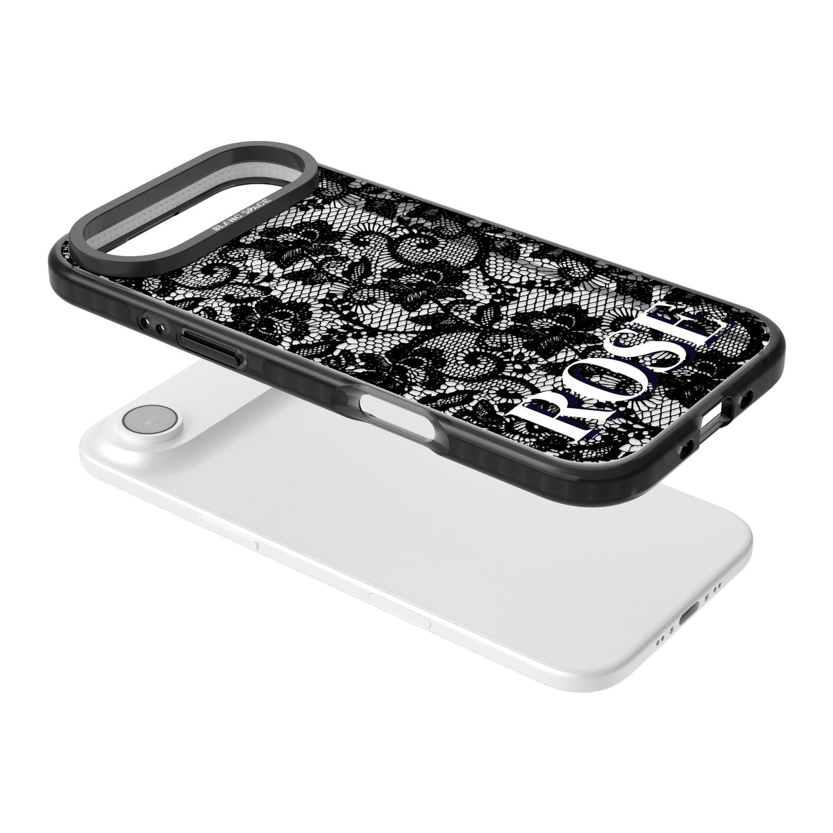 Personalised Black Lace Name gothic iPhone case featuring black floral lace, scalloped swirls and a custom name iPhone Air / iPhone 17 Air Impact Black Phone Case angled