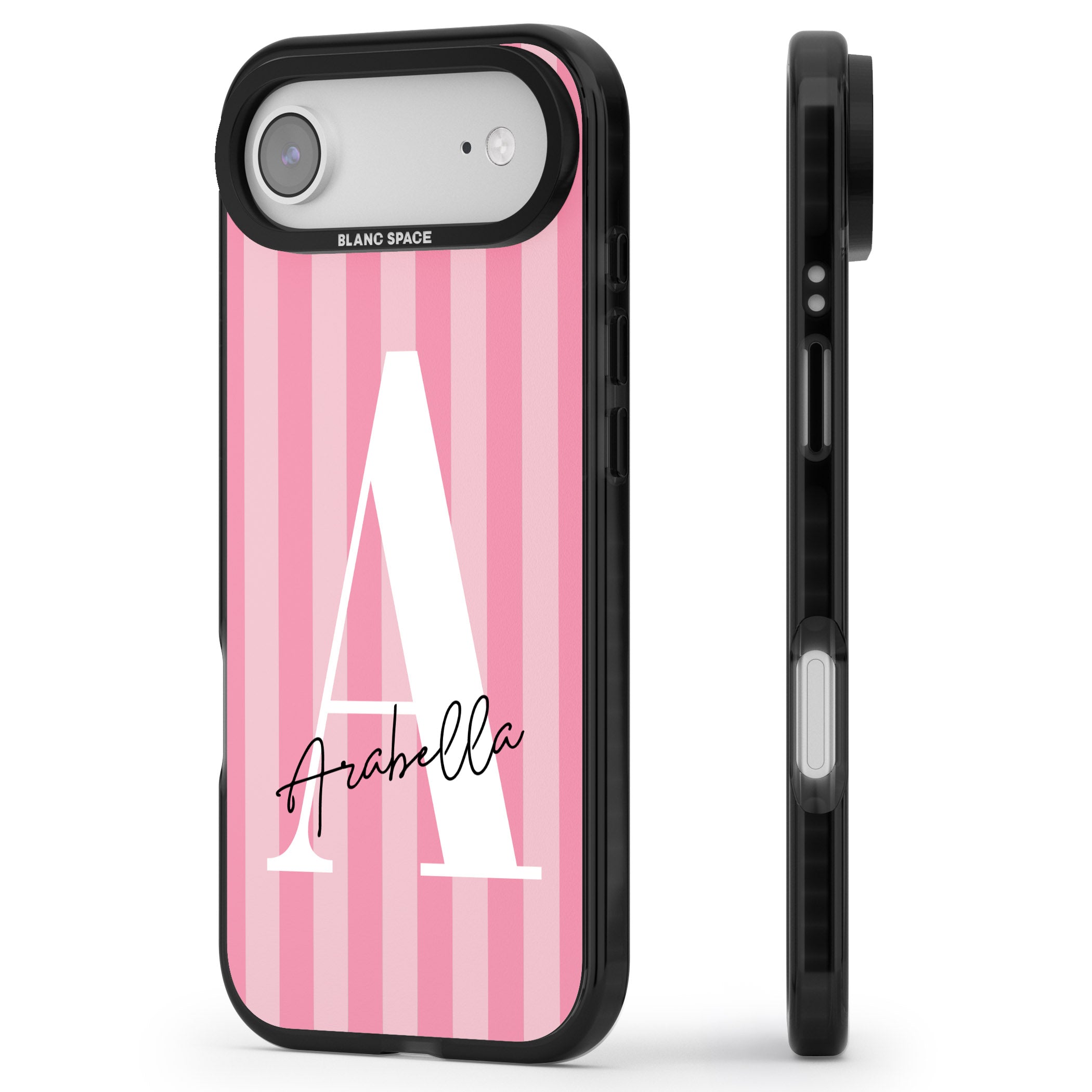 Personalised Pink Stripes Initial iPhone 17 Air Impact Black Phone Case Side Profile