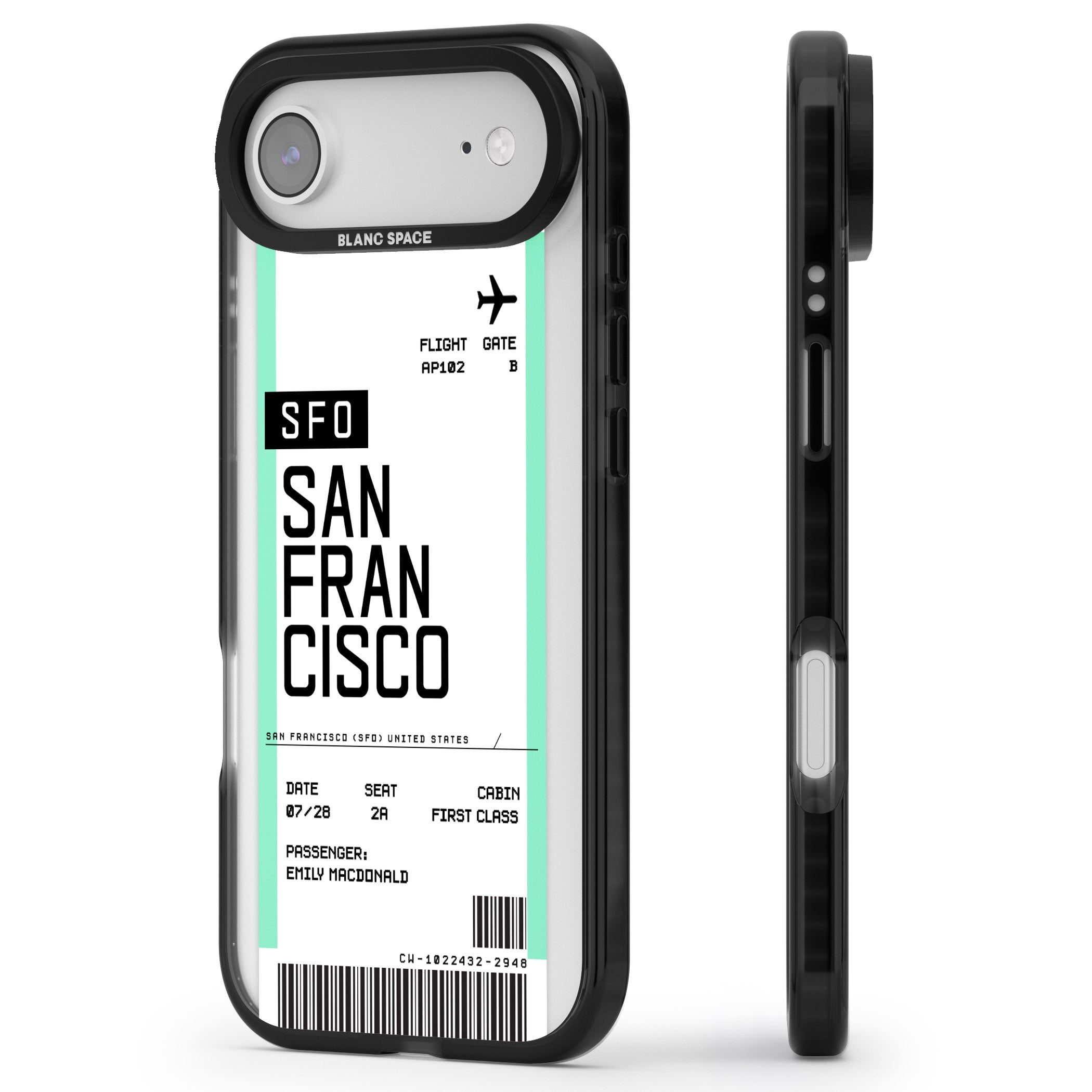 Personalised San Francisco Boarding Pass iPhone 17 Air Impact Black Phone Case Side Profile