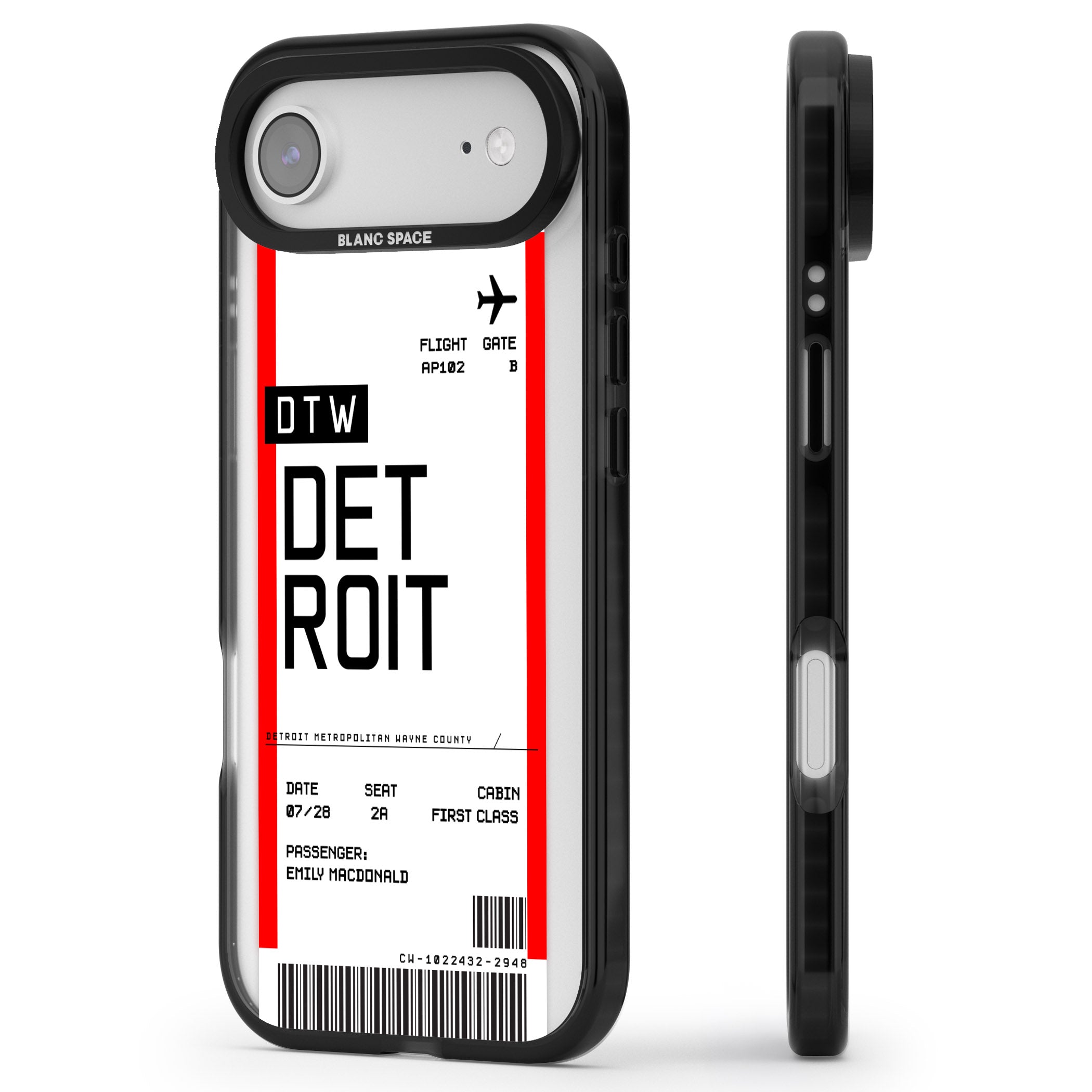 Personalised Detroit Boarding Pass iPhone 17 Air Impact Black Phone Case Side Profile