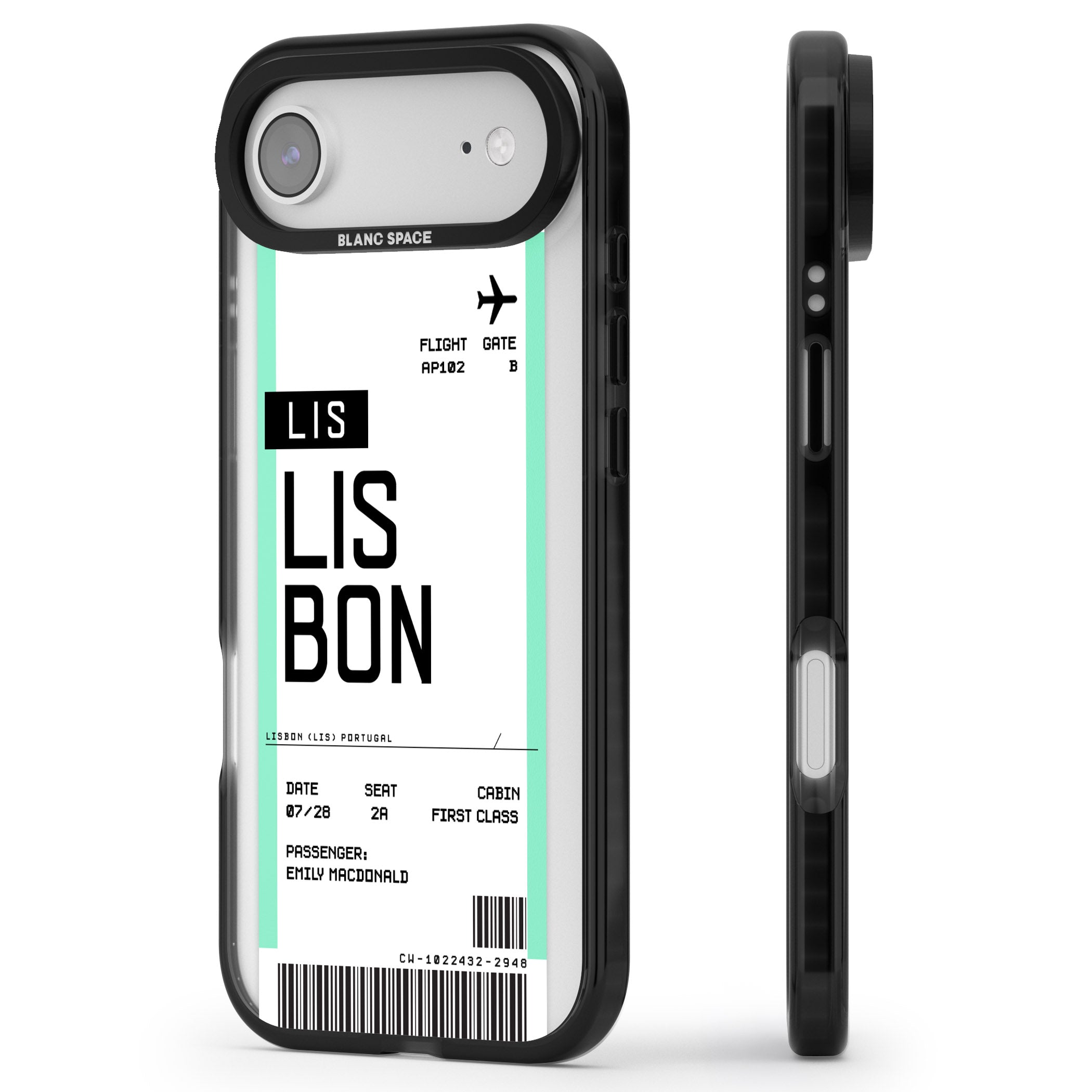 Personalised Lisbon Boarding Pass iPhone 17 Air Impact Black Phone Case Side Profile
