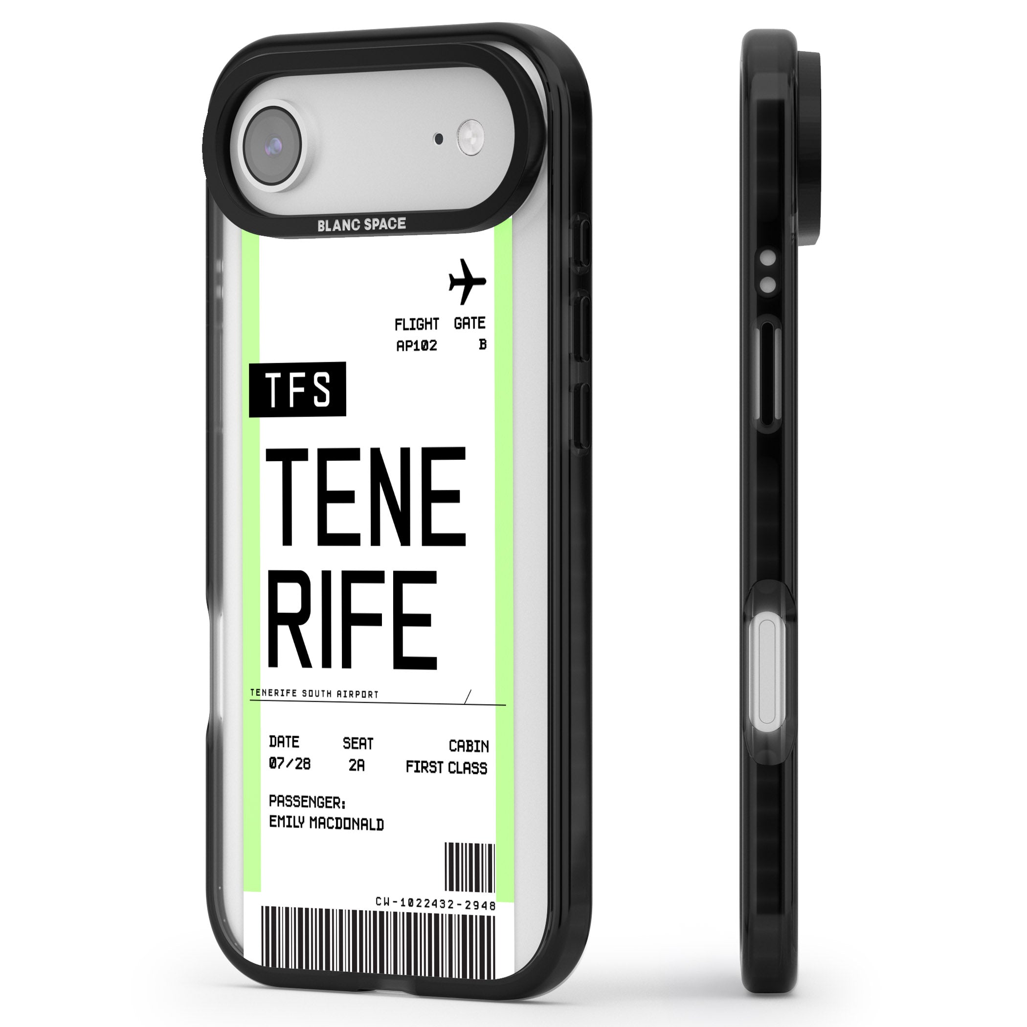 Personalised Tenerife Boarding Pass iPhone 17 Air Impact Black Phone Case Side Profile